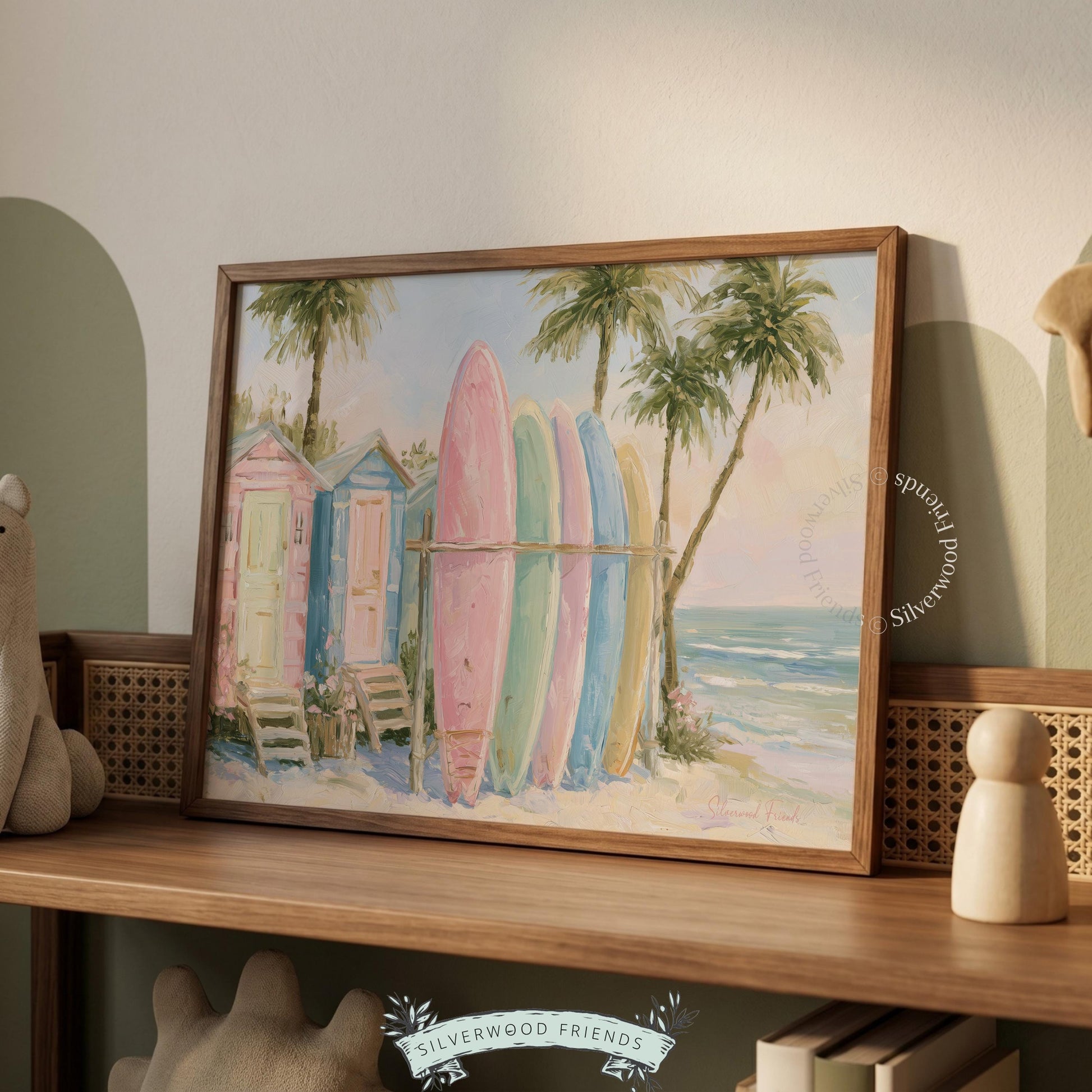 Coastal surfboard painting for bathroom — soothing pastels and sea-inspired imagery bring a refreshing, beachy ambiance.