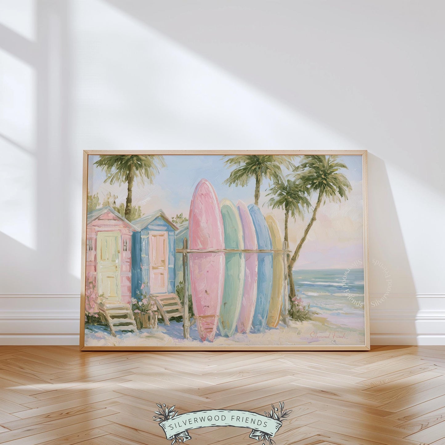 Retro surfboard digital print for studio — soft and inviting seaside scene perfect for enhancing a relaxed coastal decor theme.