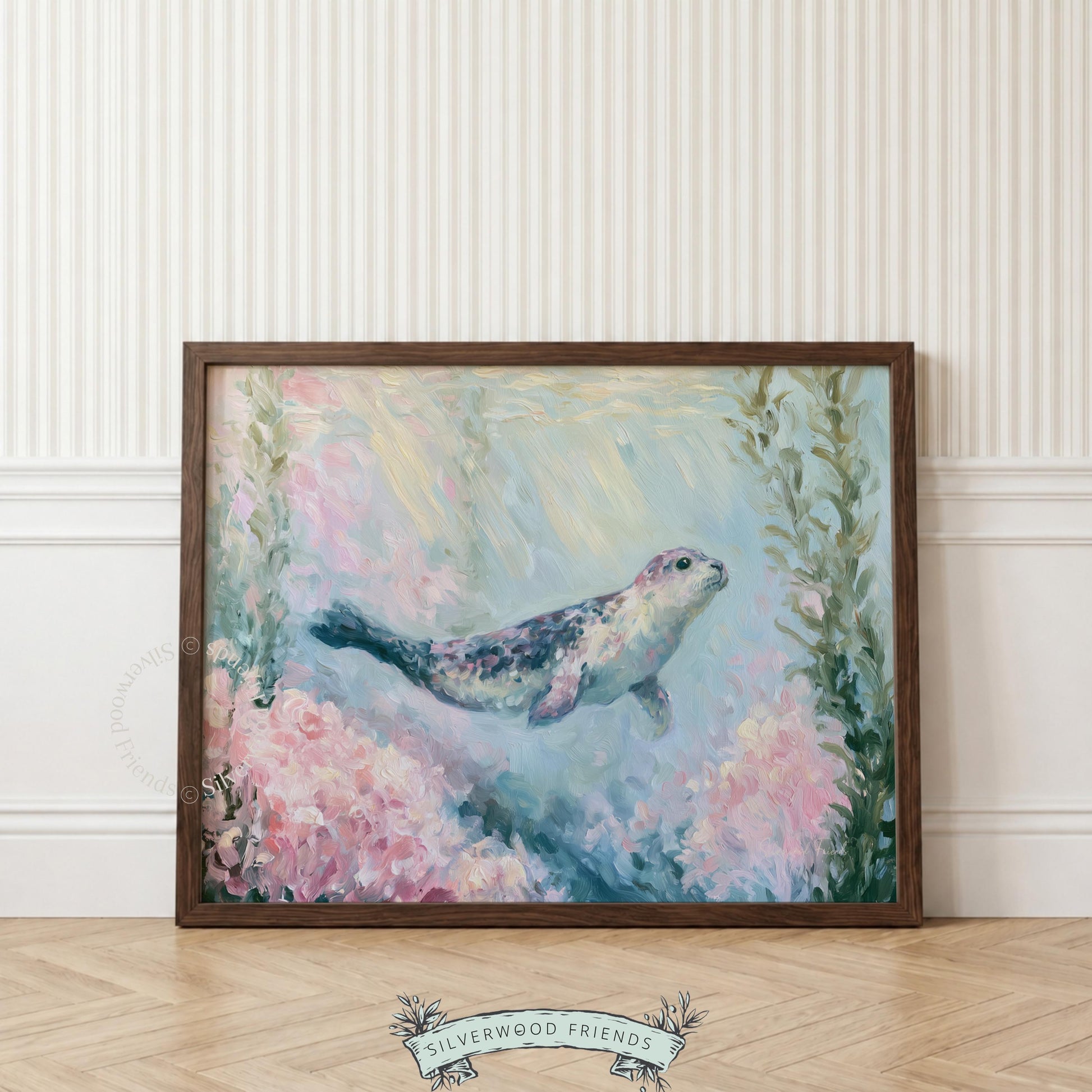 Seal swimming wall art for nursery — calming pastel coastal painting with soft textures and serene aquatic vibes.