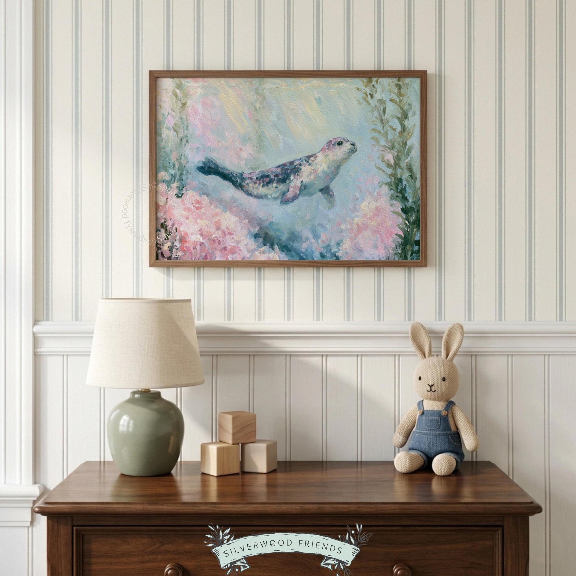 Seal ocean picture for nursery decor — calming artwork with soft blending and impressionistic coral features, ideal for little ones.