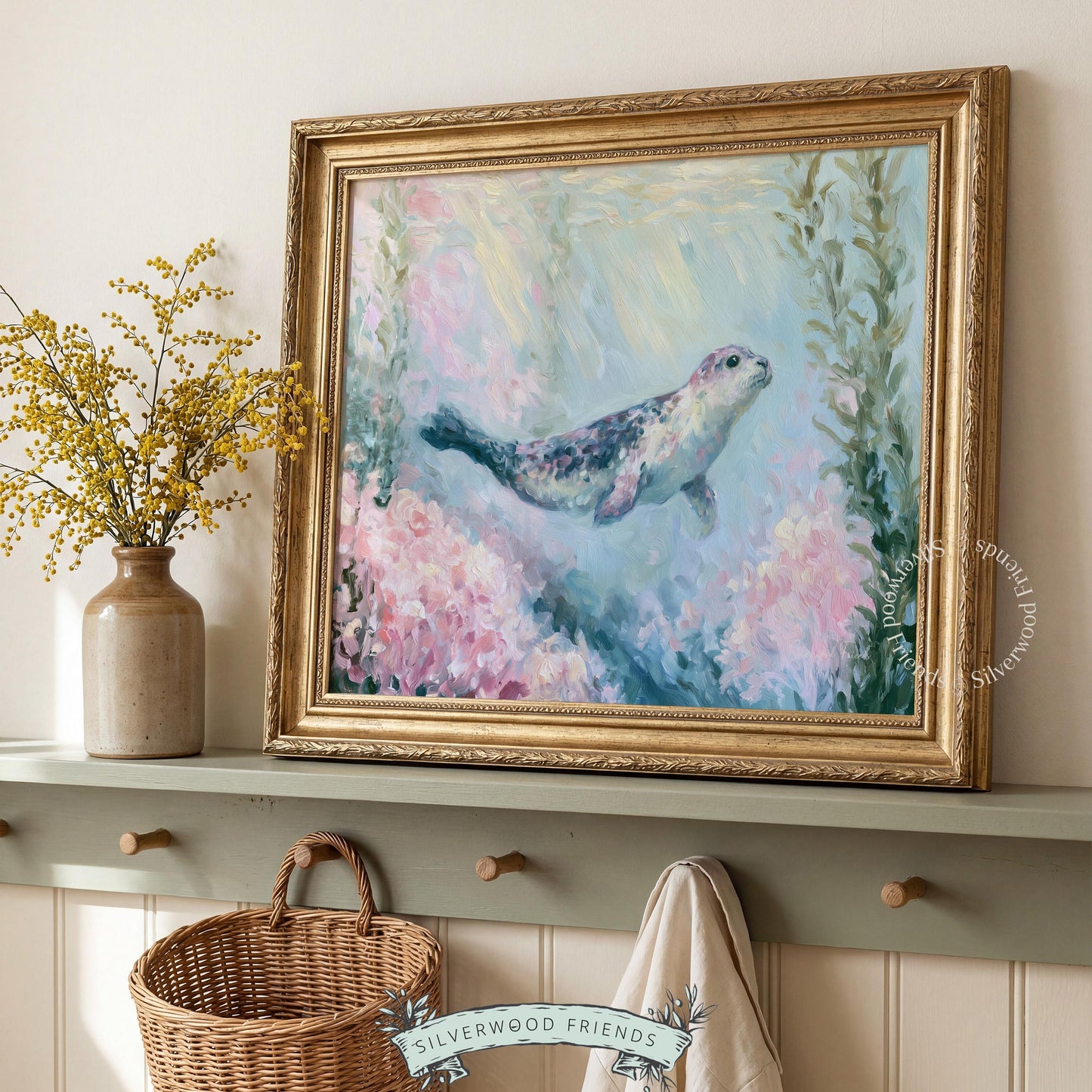 Cute seal printable wall art for baby girl's room — tranquil marine scene with pastel colors and gentle motion.