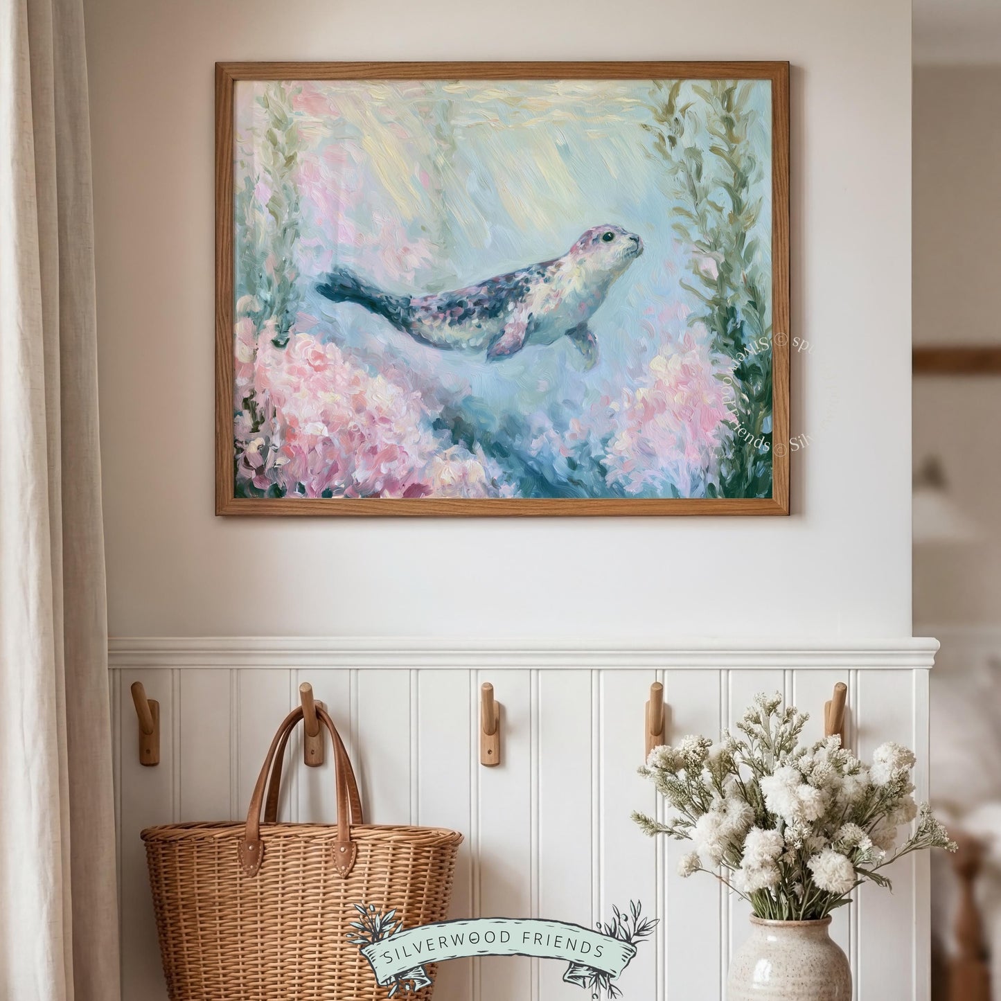 Cute seal artwork for beach-themed room — impressionistic painting showcasing gentle swimming in a soothing mint and blush color palette.