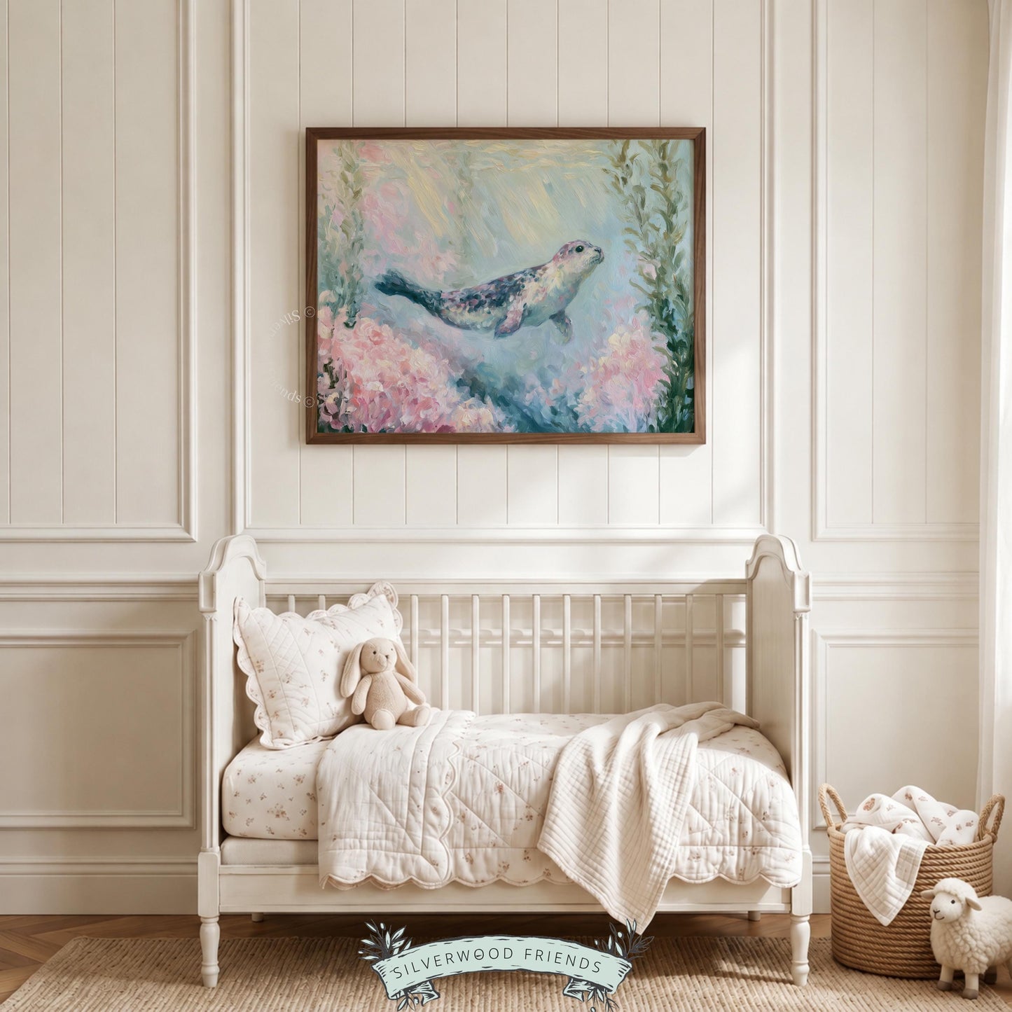 Seal swimming wall art for aqua-loving child's room — calming and cute painting featuring pastel shades and relaxing scenery.
