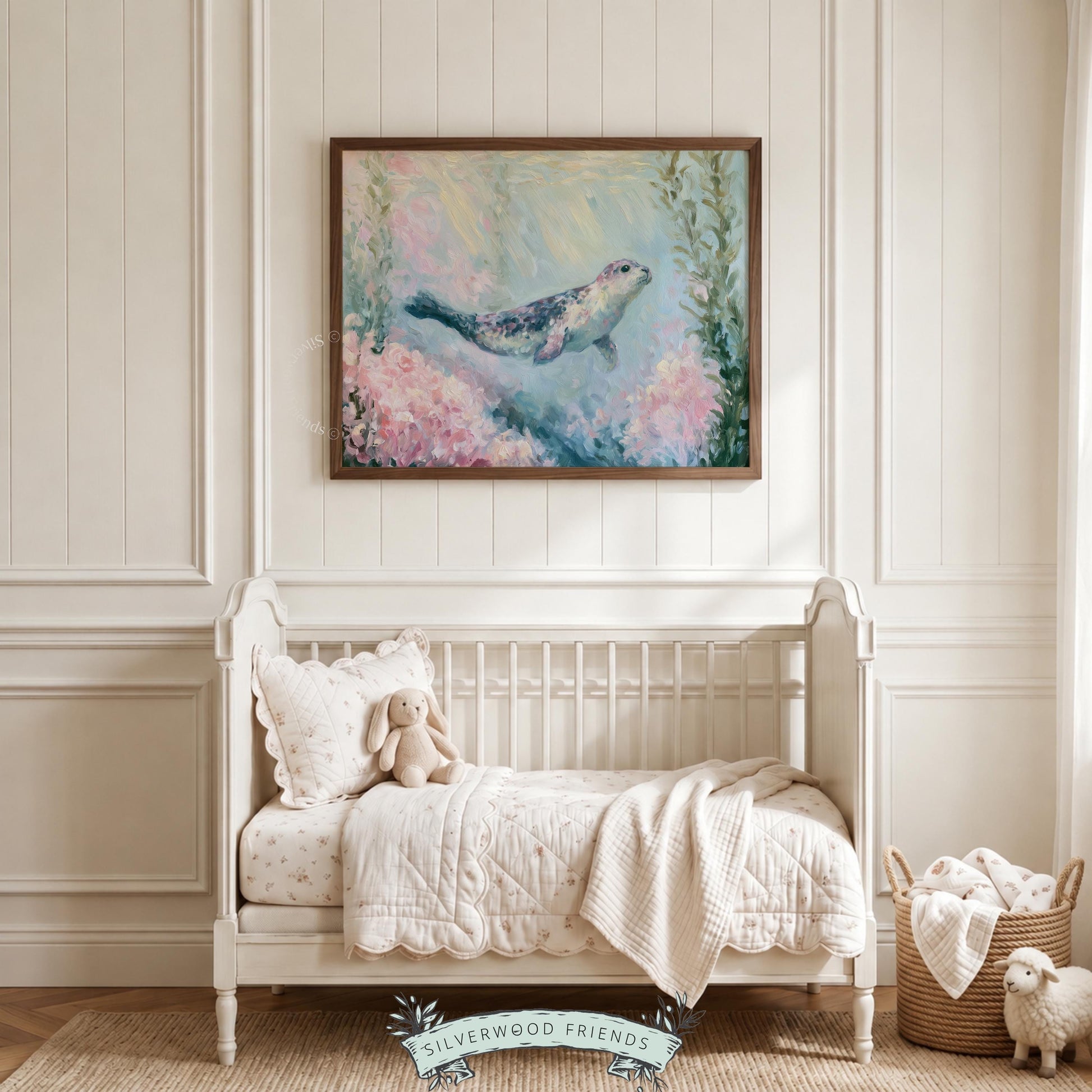 Seal swimming wall art for aqua-loving child's room — calming and cute painting featuring pastel shades and relaxing scenery.