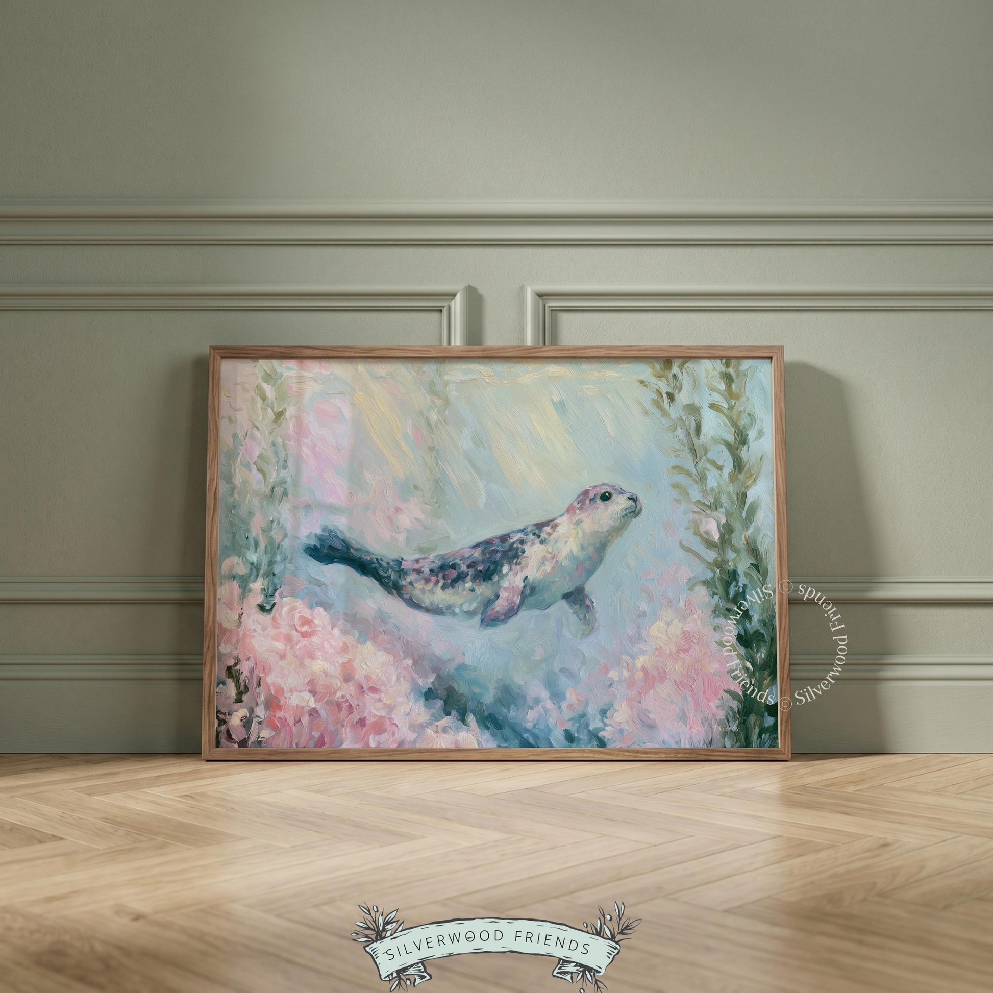 Whimsical seal painting for children's room — a serene seaside aesthetic with soft pastels and enchanting underwater textures.