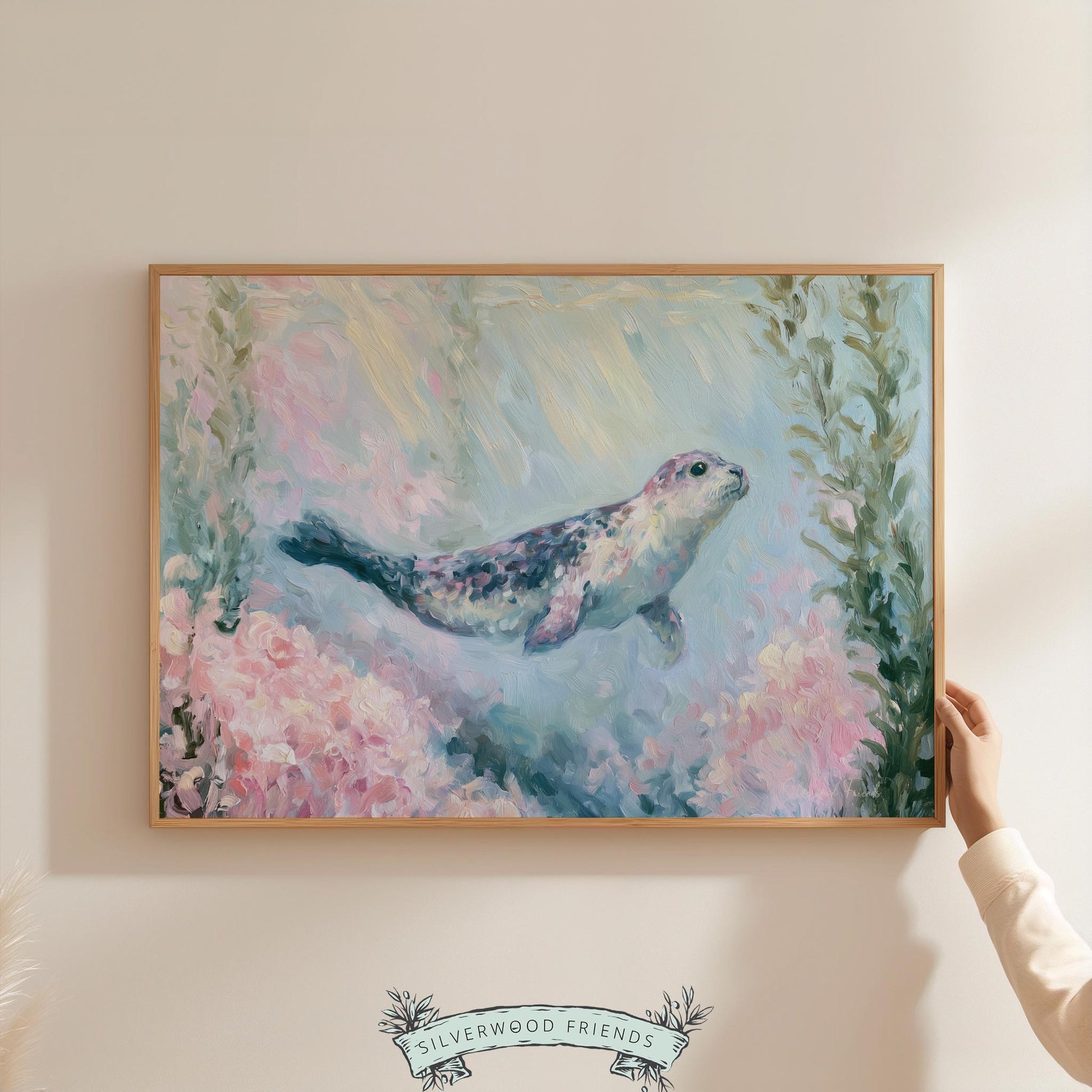 Seal swimming artwork for seaside-themed playroom — relaxing hues of lavender and blush paired with textured underwater elements.