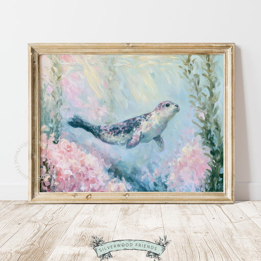 Seal underwater wall art for beach-inspired space — calming sea life artwork with soft light and lively colors.