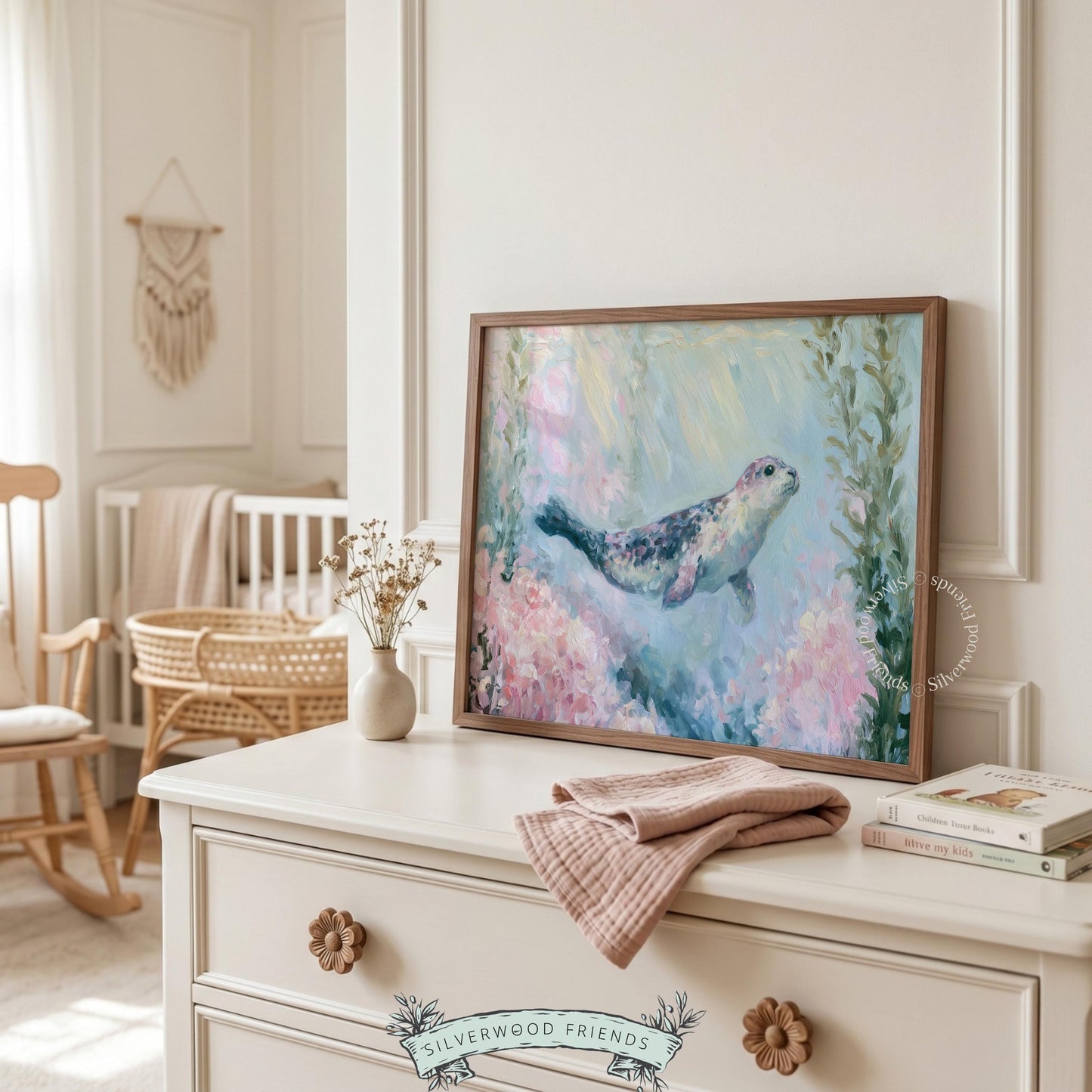 Underwater seal poster for beachy playroom — textured acrylic painting capturing gentle movement amidst pink coral and green kelp.