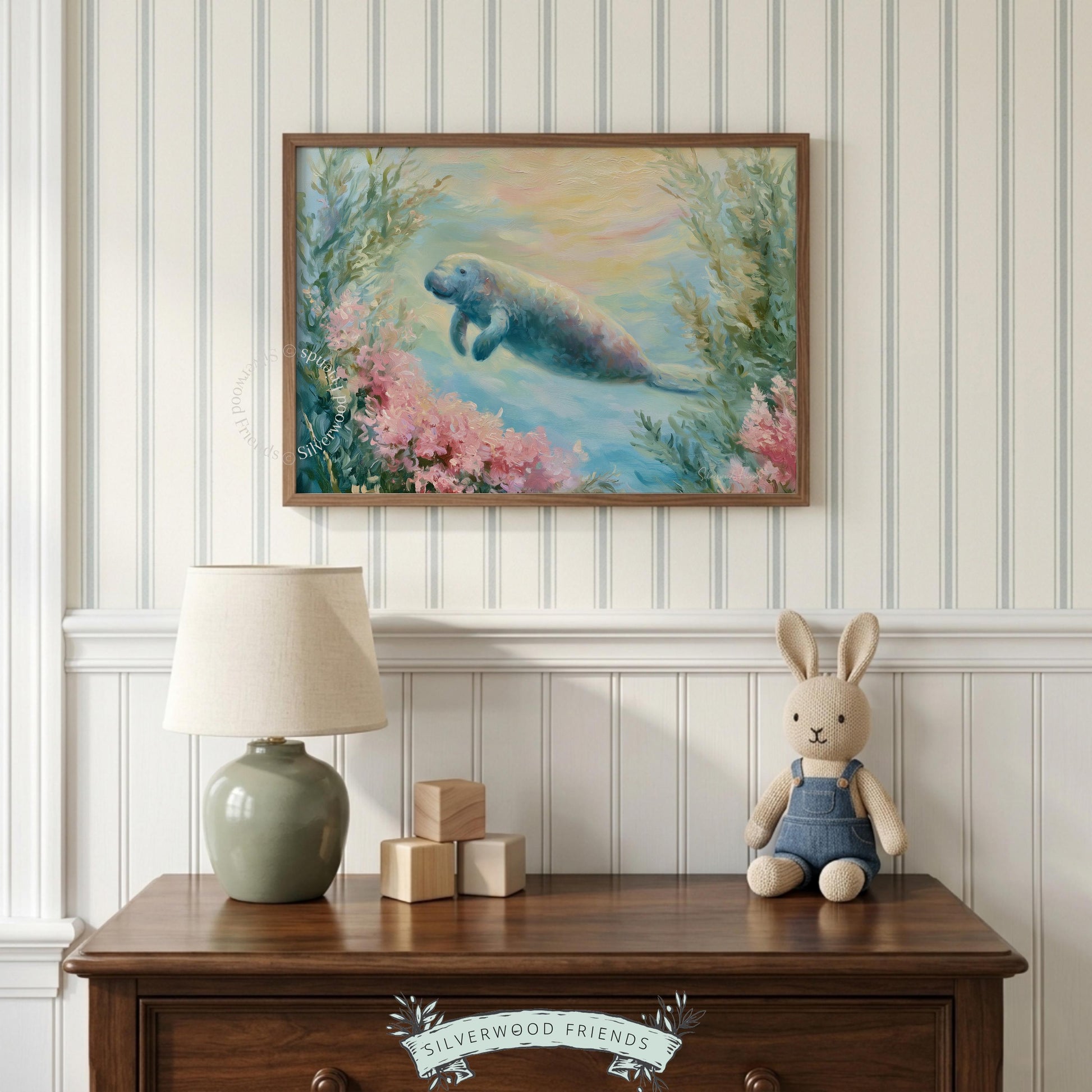 Cute sea cow digital download for baby’s nursery — watercolor effects and gentle colors establish a calm, playful vibe.