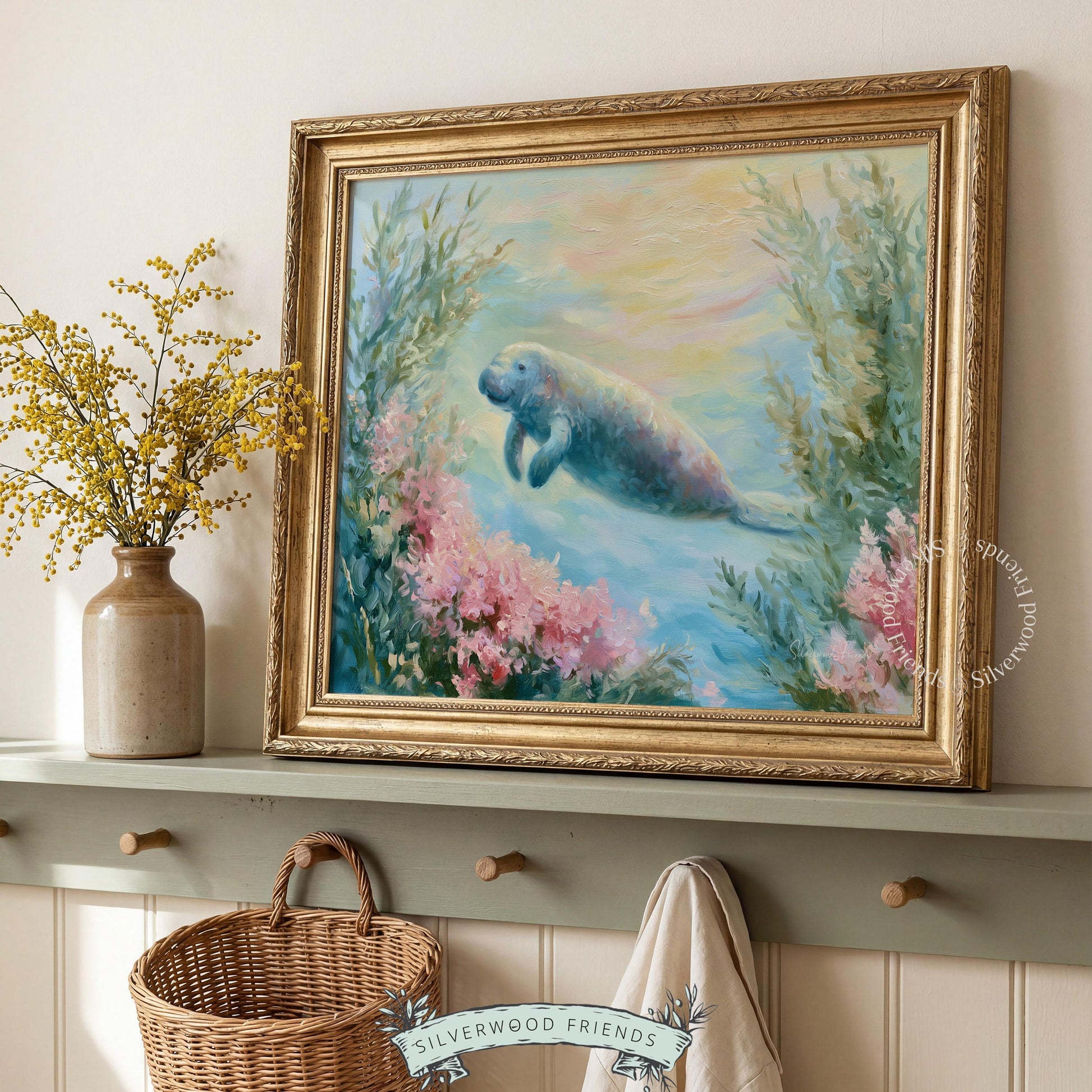 Adorable swimming manatee painting for baby room — pastel colors and gentle brushwork enhance the coastal charm.