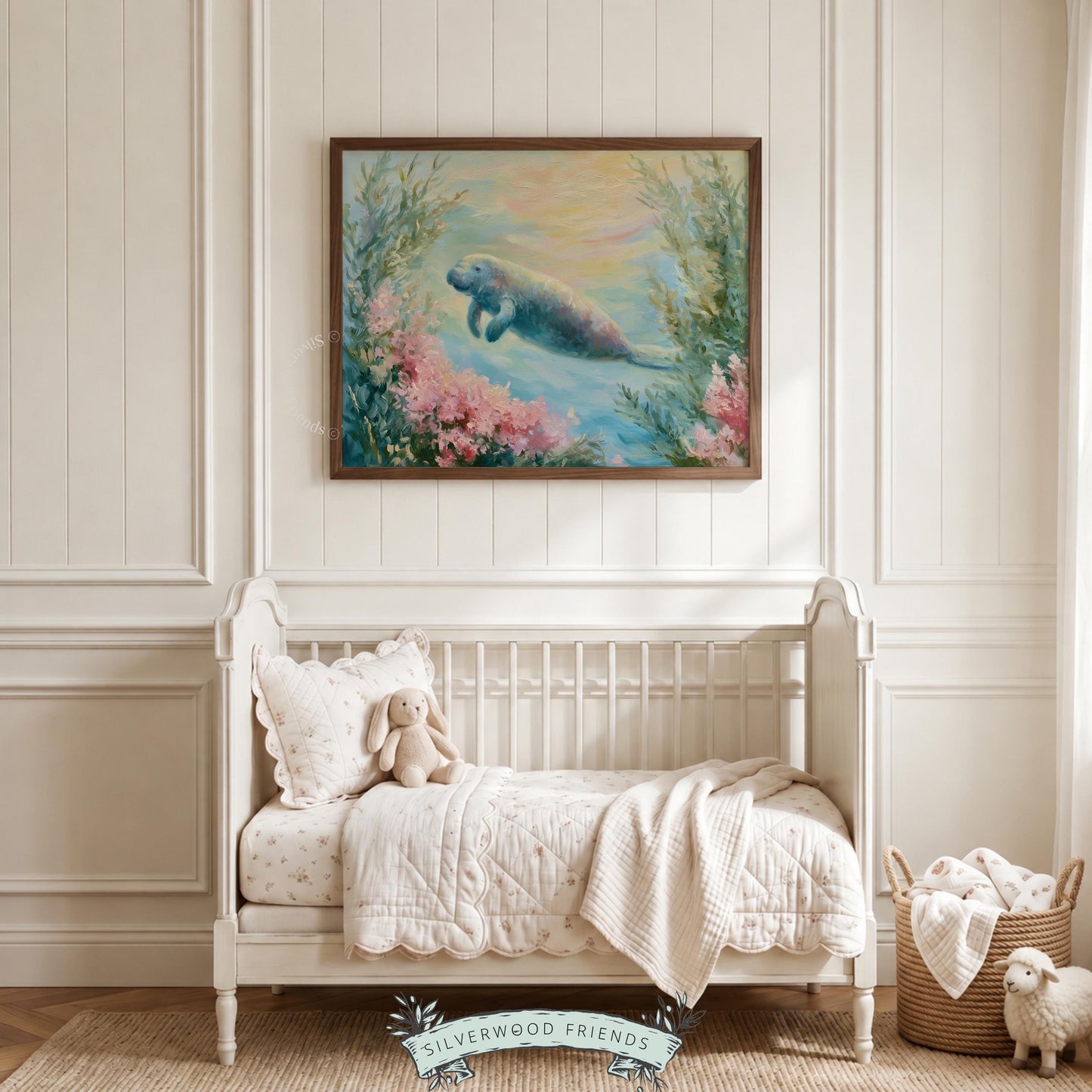 Dreamy manatee wall print for children’s bedroom — relaxing hues and sea life details provide a serene atmosphere.