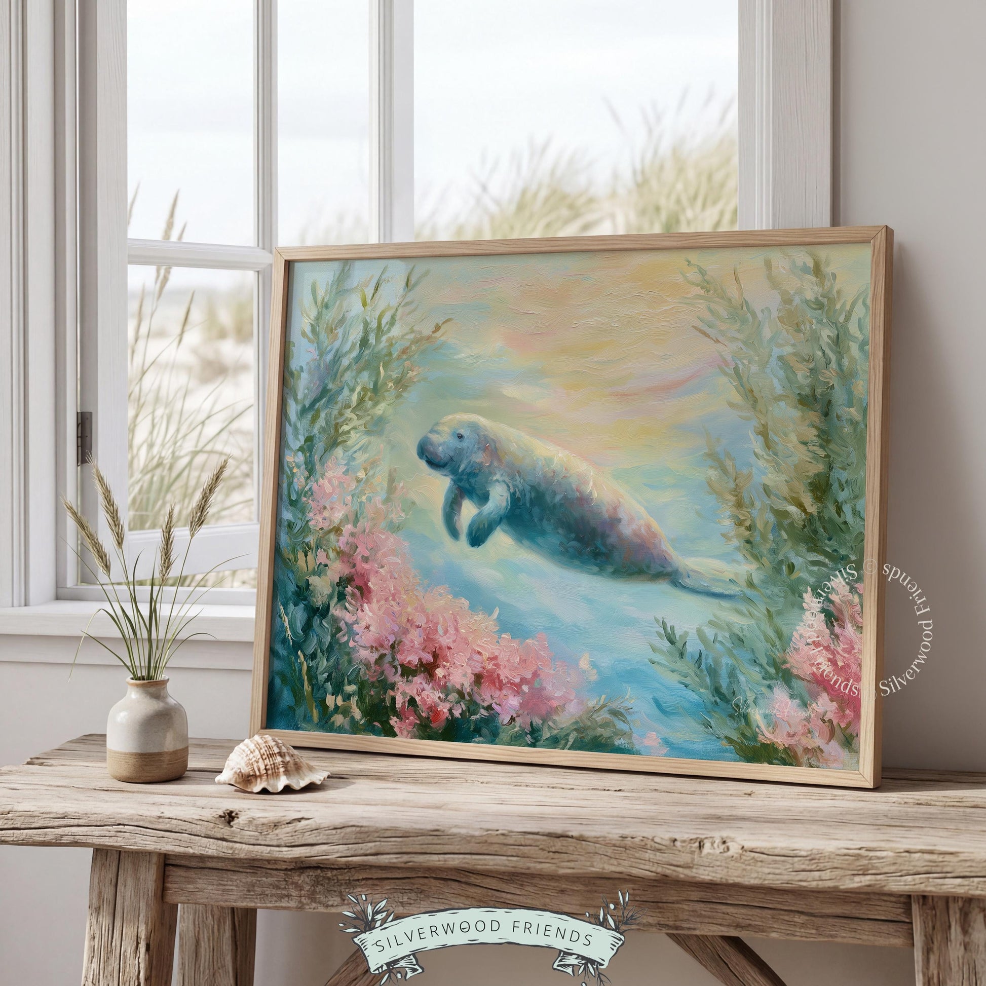 Soft pastel manatee wall artwork for nursery — relaxing ocean tones and flora create a soothing coastal ambiance.