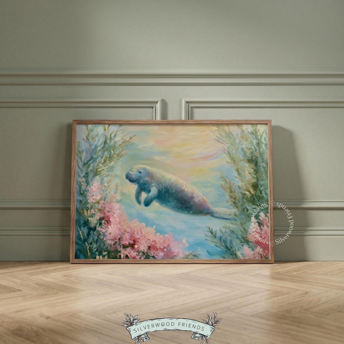 Watercolor manatee poster art for seashell-themed room — cute aquatic creature in a dreamy coastal setting with pastel greenery.