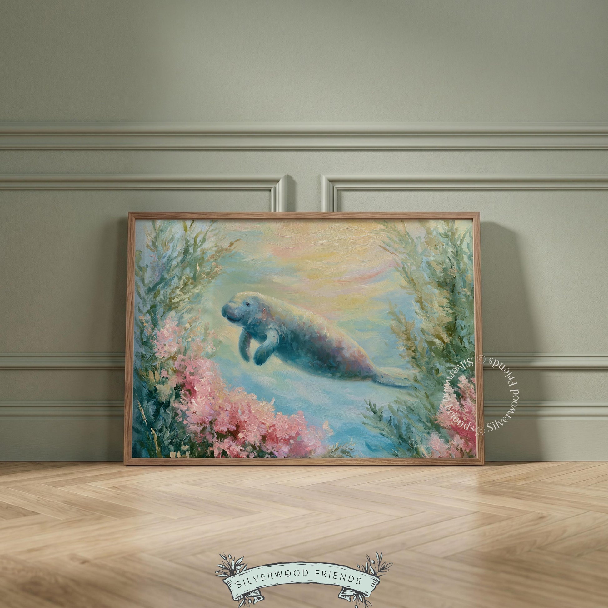 Watercolor manatee poster art for seashell-themed room — cute aquatic creature in a dreamy coastal setting with pastel greenery.