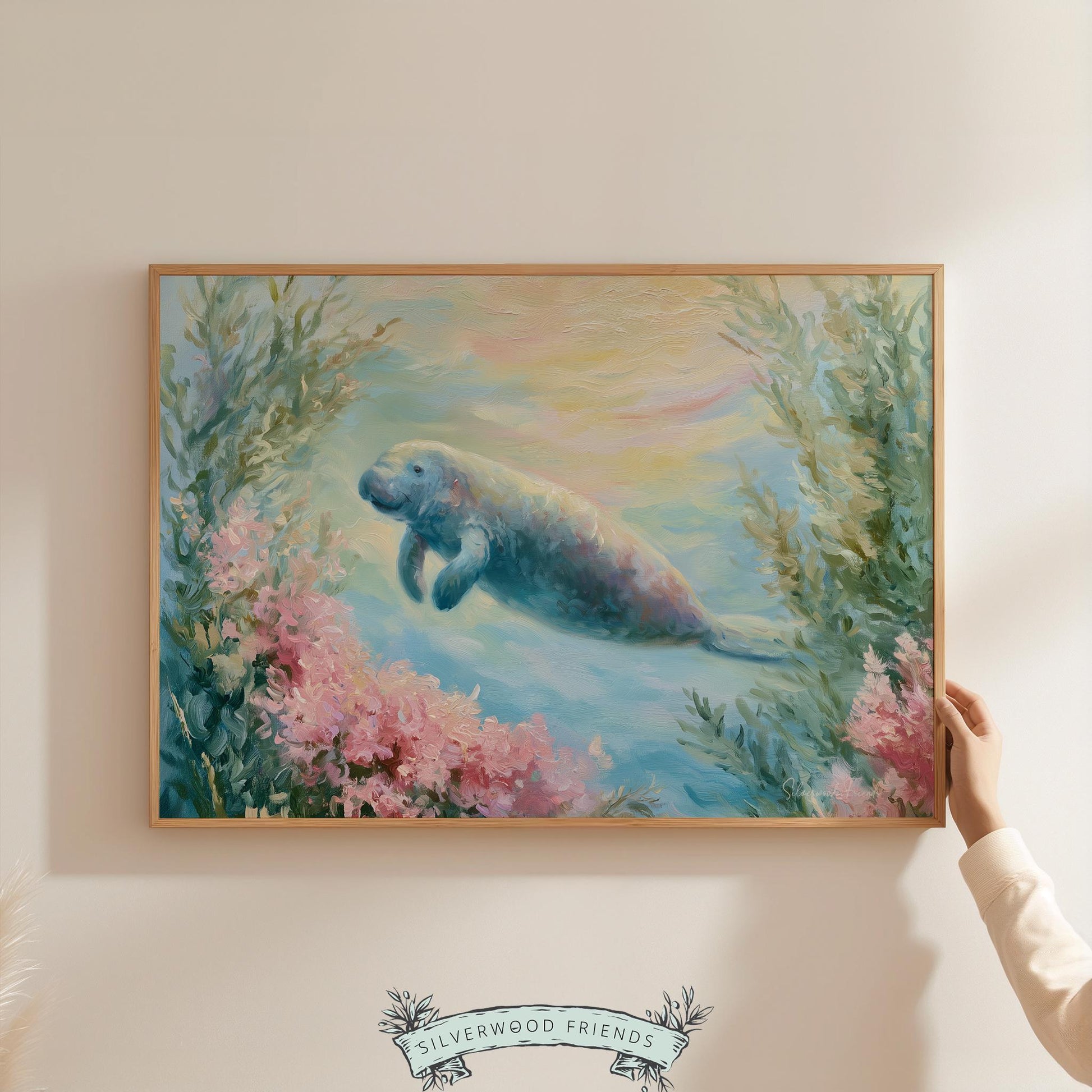 Manatee swimming painting wall art for nursery — soothing coastal tones in soft pastels create a serene vibe.