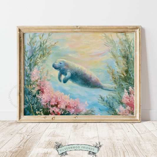Gentle sea cow art print for play area — charming underwater scene in pastel colors adds calmness to the environment.