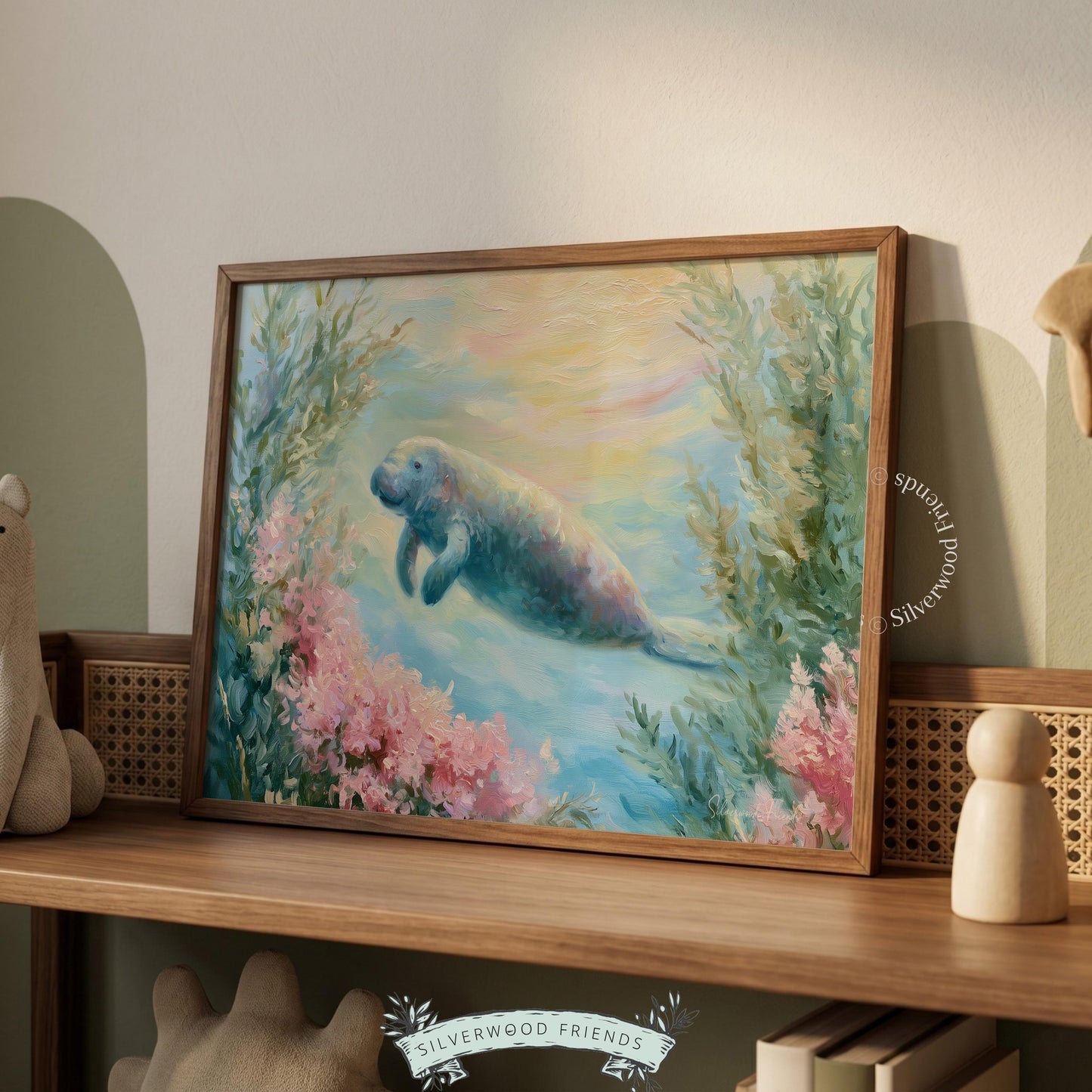 Adorable manatee art for children’s room — cheerful colors and gentle underwater elements provide a nurturing atmosphere.