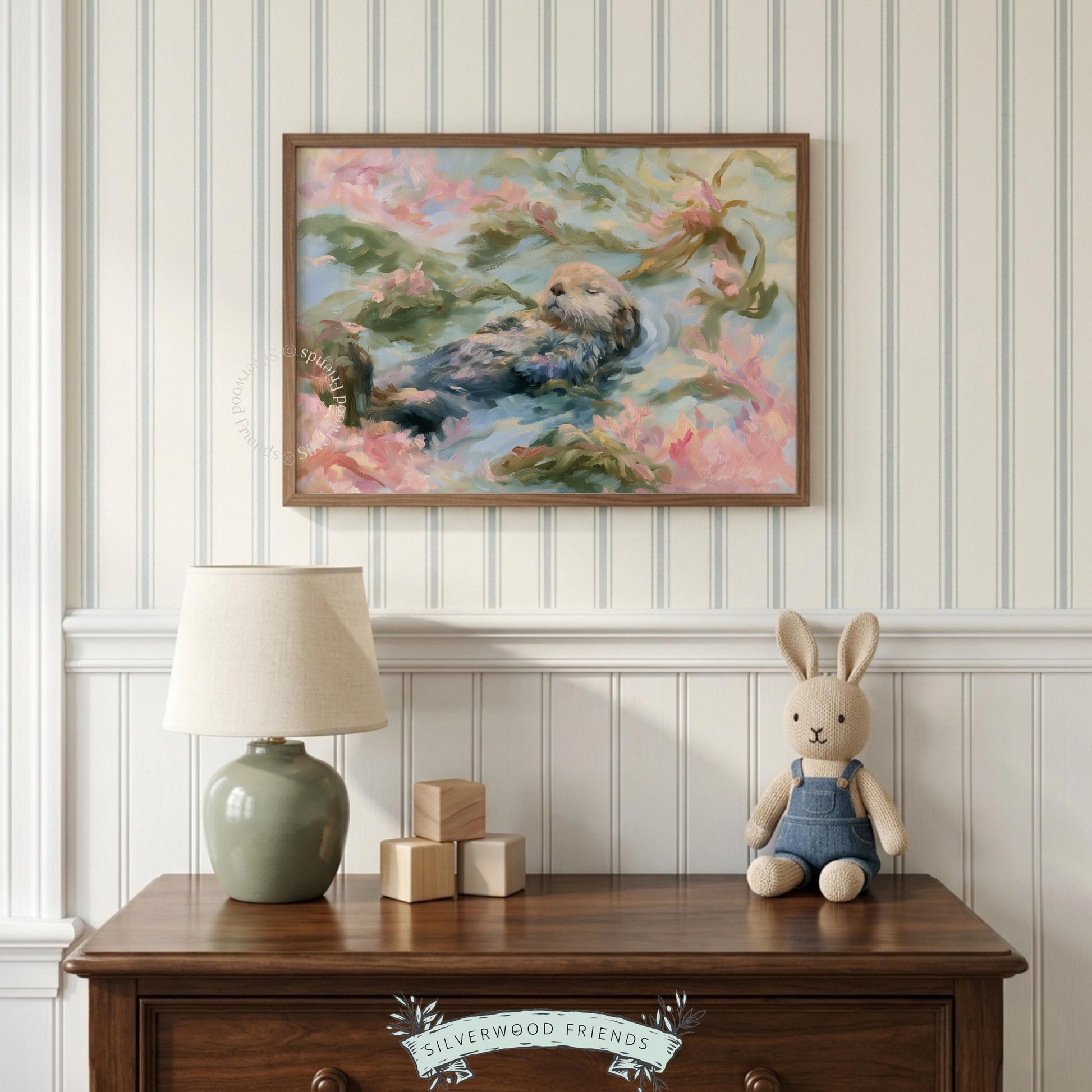 Cute sea otter wall art for child’s room — impressionistic touches combined with a tranquil aquatic atmosphere.