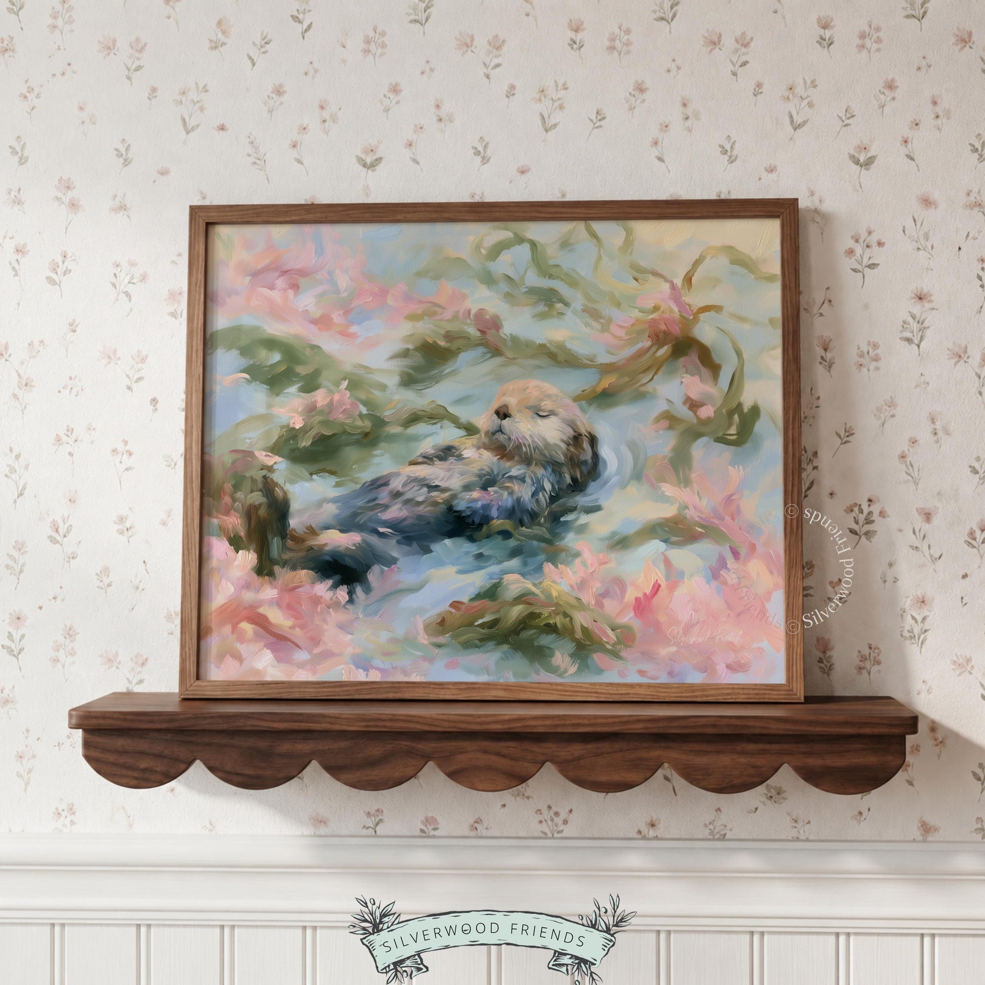 Adorable sea otter poster for beach-themed nursery — calming watercolor style with delicate flowers and flowing kelp accents.