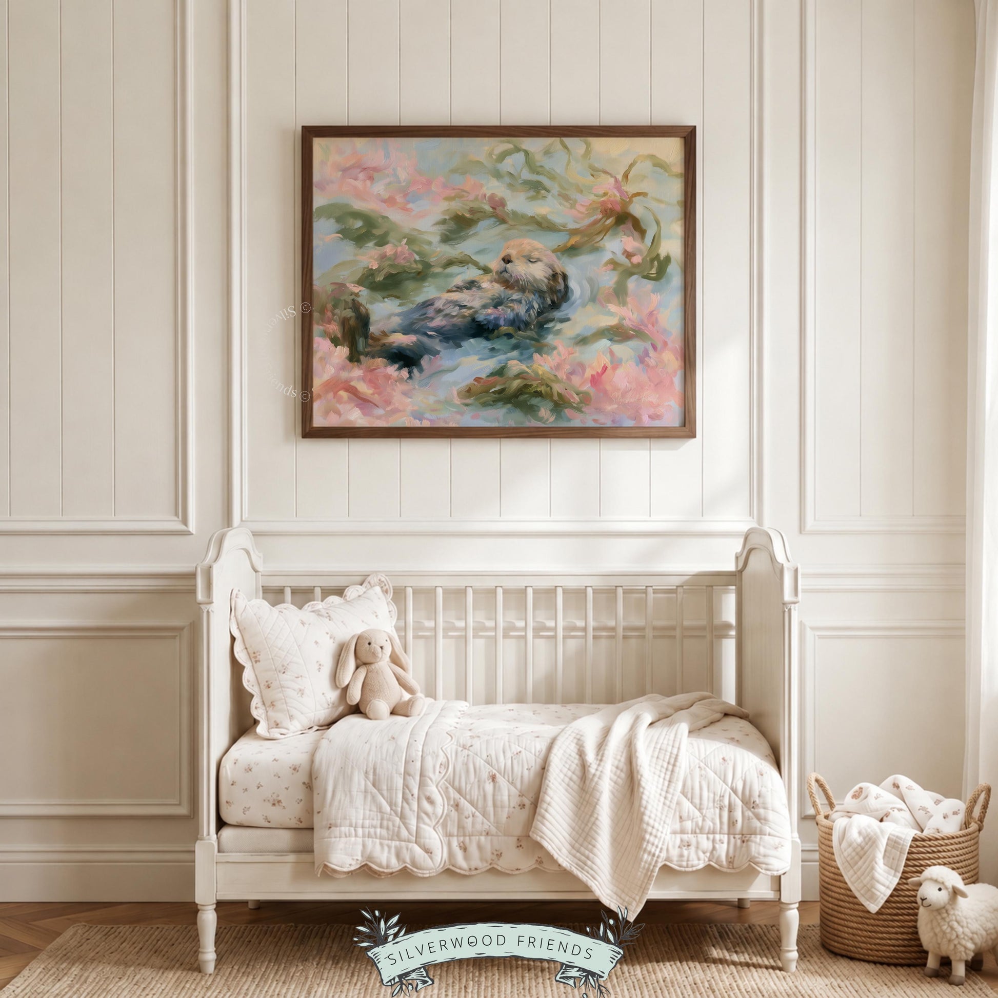 Gentle sea otter poster for coastal playroom — charming design with flowing kelp and pastel notes for a whimsical touch.