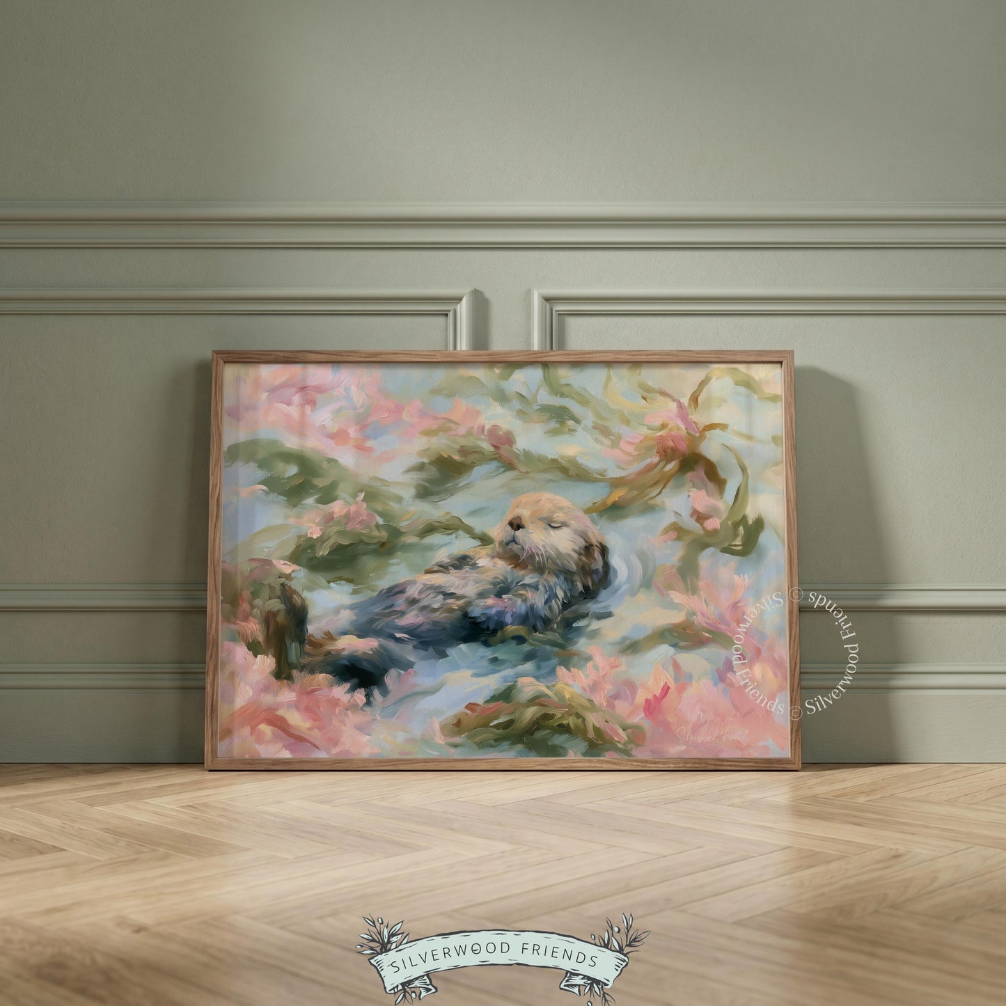 Charming sea otter picture for children's room — dreamy impressionistic style with serene underwater elements and warm light.