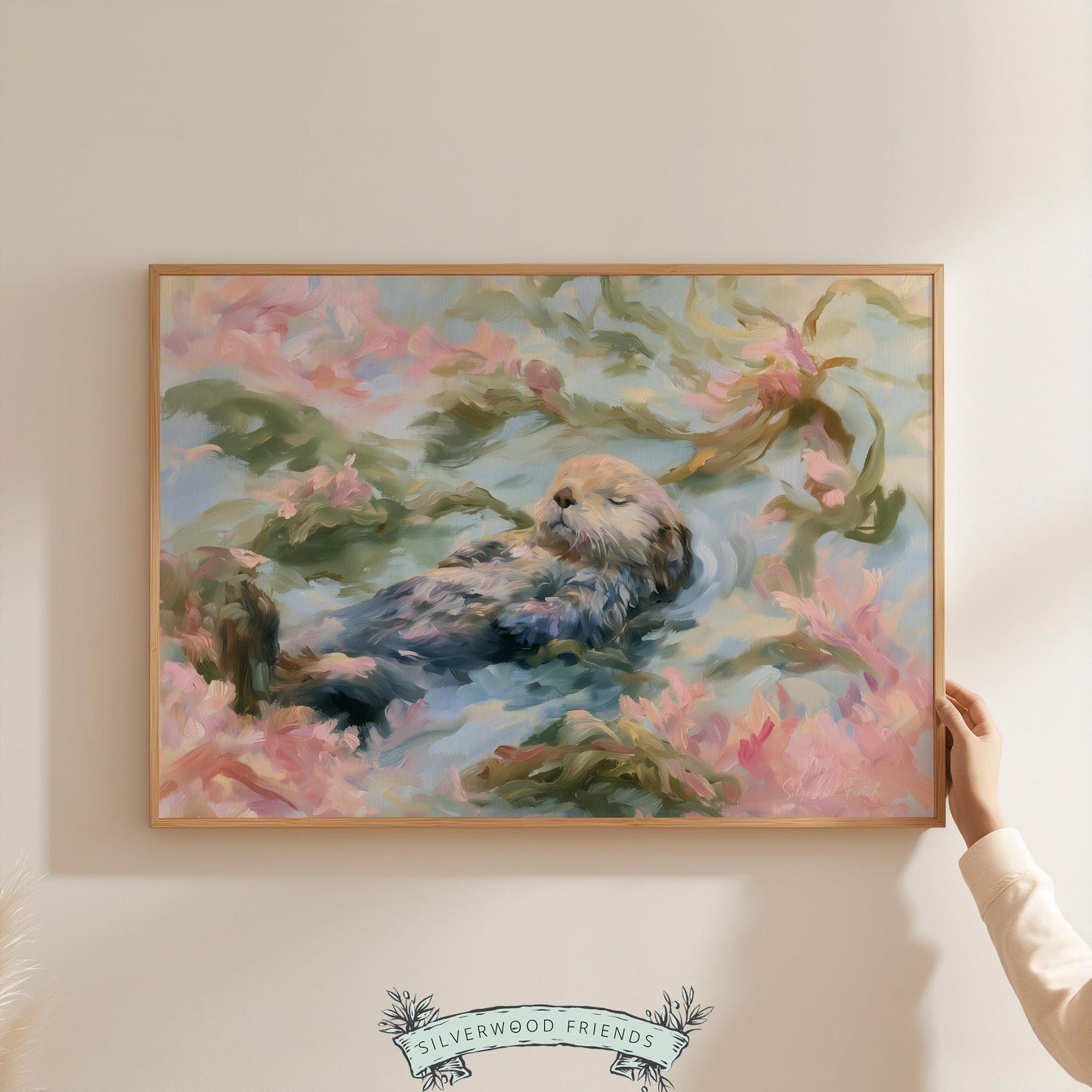 Sea otter artwork for playroom — whimsical and soothing coastal scene featuring pink blossoms and gentle ripples.