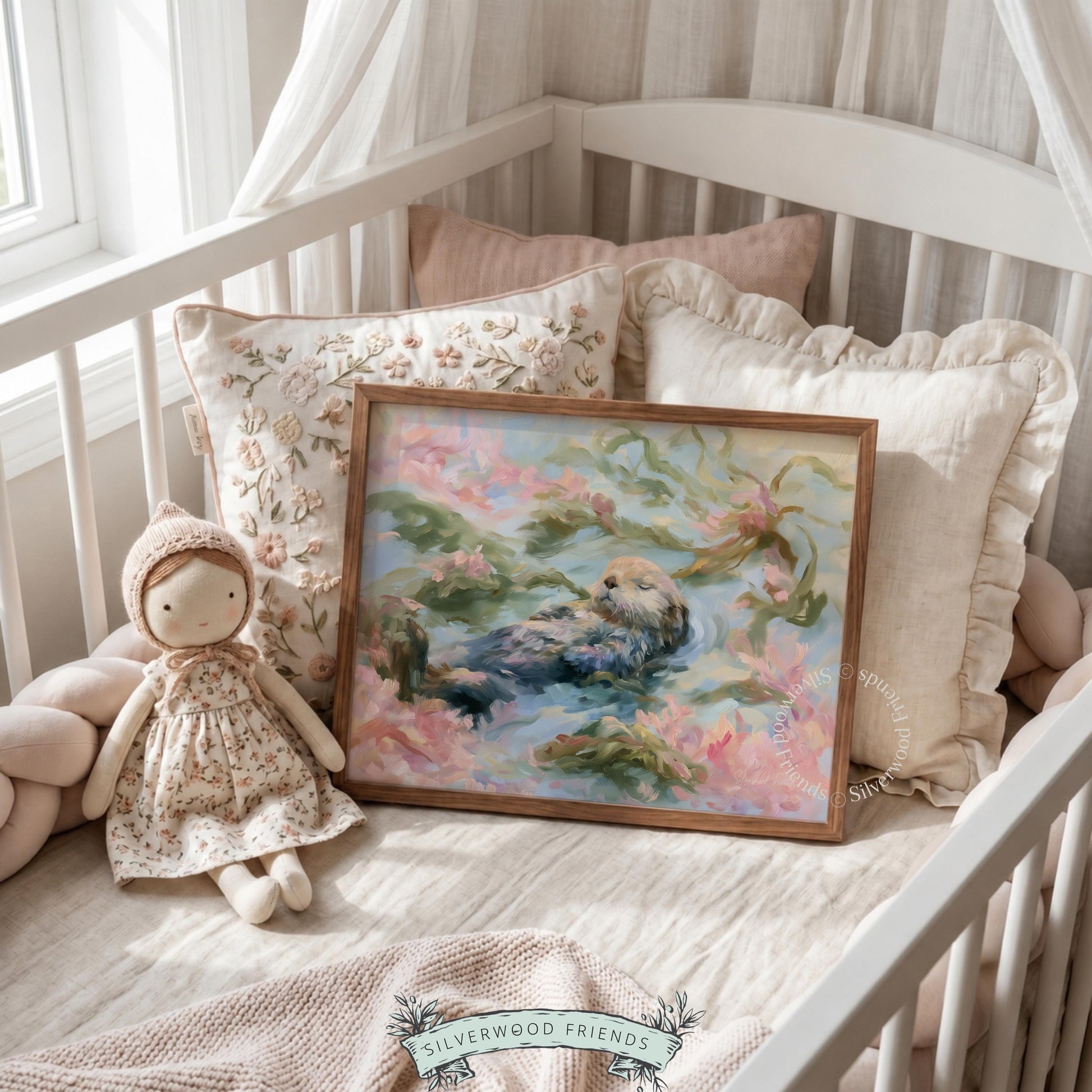 Pastel sea otter painting for beach house — impressionistic styling complemented by aquatic plants and gentle blooms for serenity.