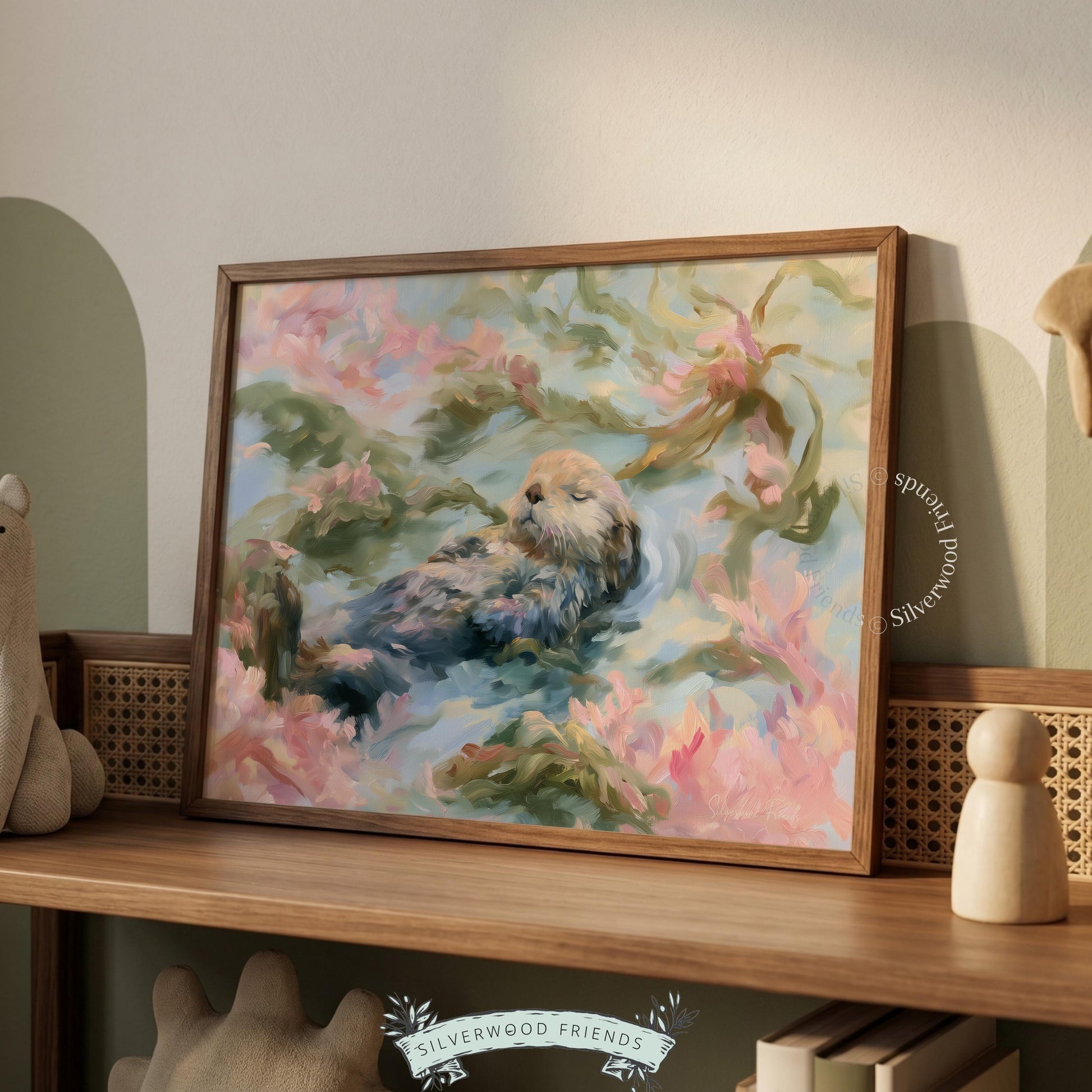 Peaceful sea otter art for nursery — impressionistic style showcases cuddly vibes with soft and inviting color washes.