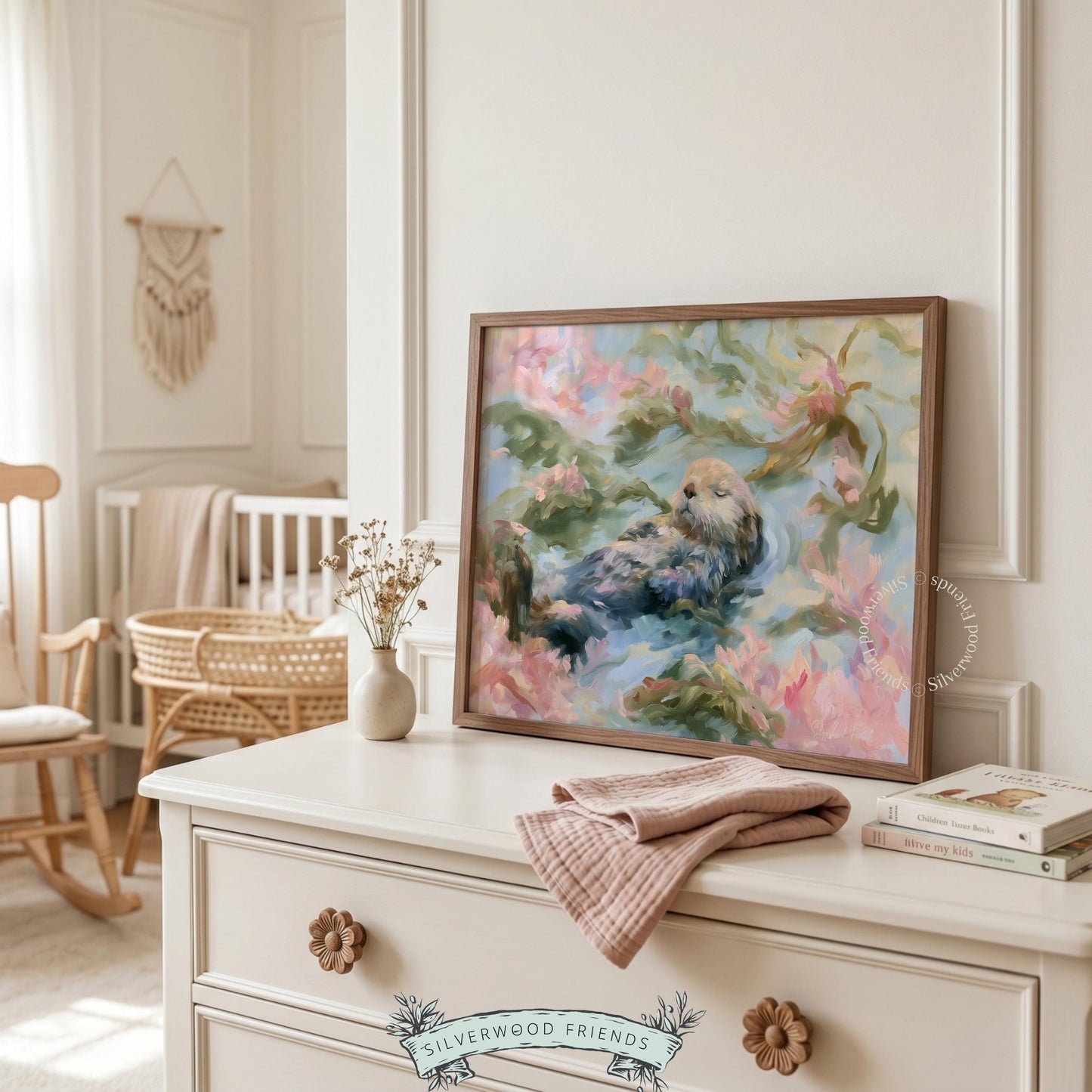 Sea otter floating on its back wall art for nursery — serene pastel colors and playful coastal elements for a calming atmosphere.