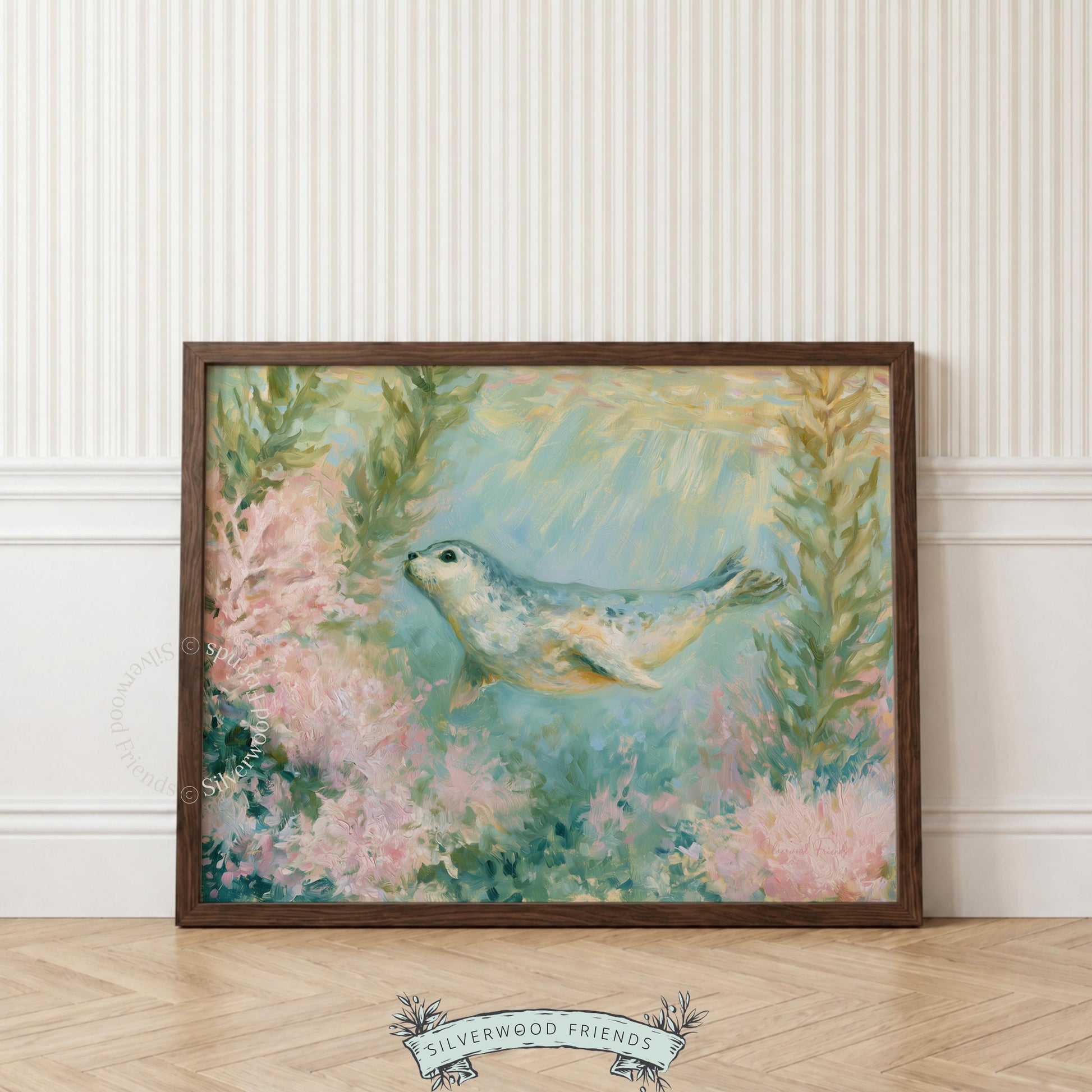 Calm seal pup image for coastal nursery — charming digital print that creates a peaceful atmosphere with impressionistic styles and hues.
