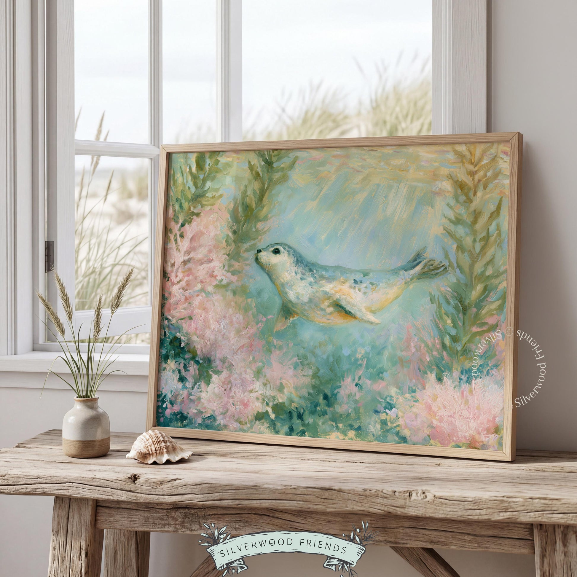 Cute seal swimming picture for serene home decor — soft tones and gentle imagery create a peaceful ambiance in any setting.