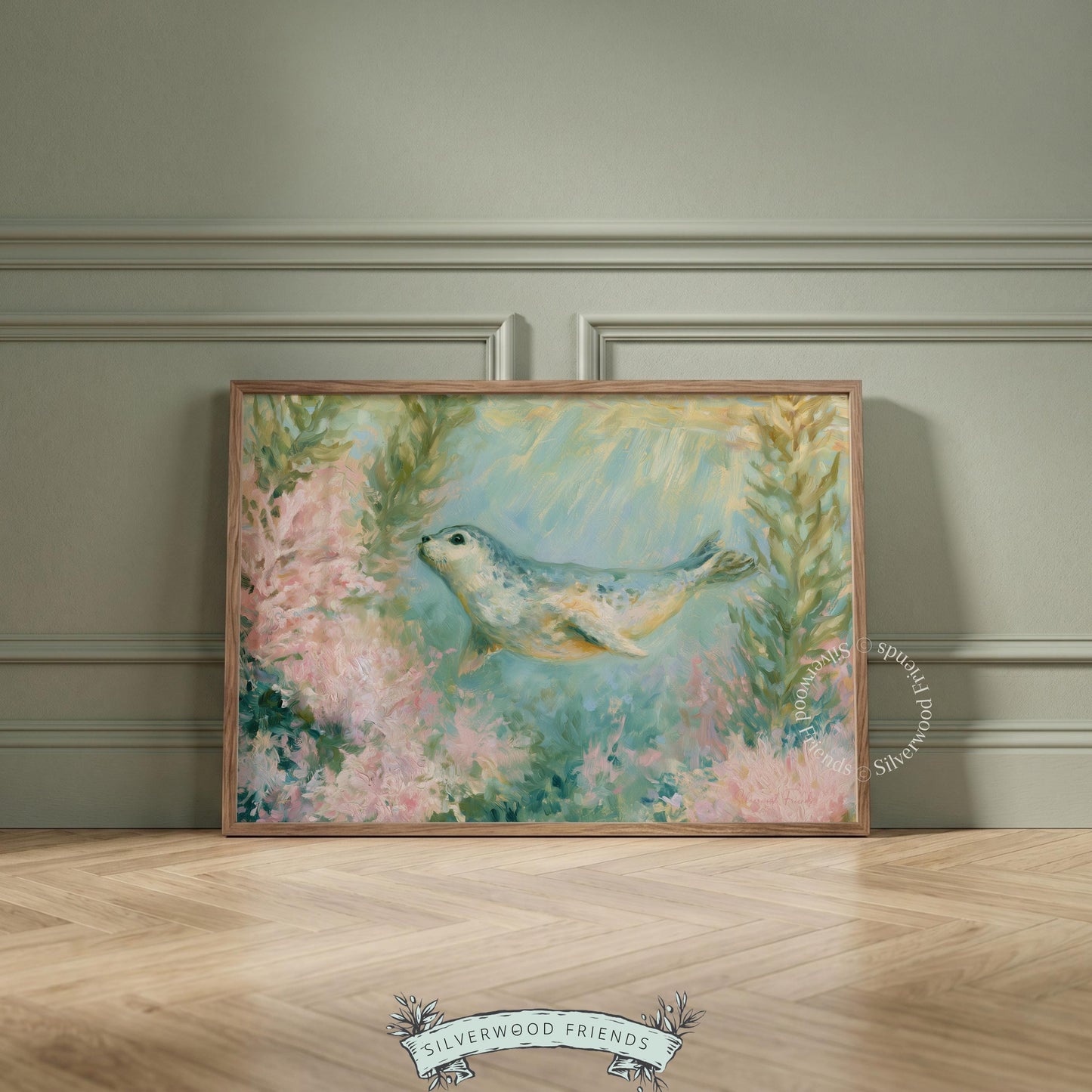 Cute underwater seal pup art for nursery — delightful wall decor with soft hues, perfect for inspiring peaceful dreams.