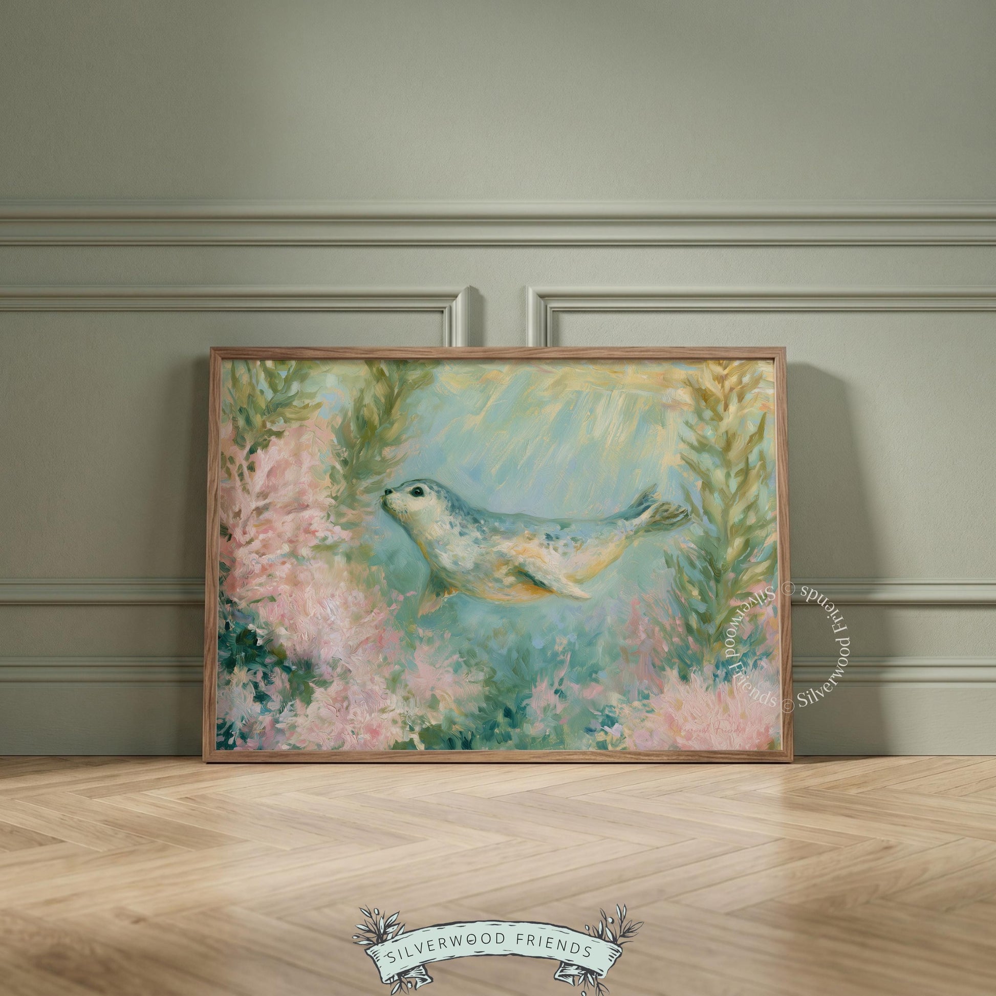 Cute underwater seal pup art for nursery — delightful wall decor with soft hues, perfect for inspiring peaceful dreams.