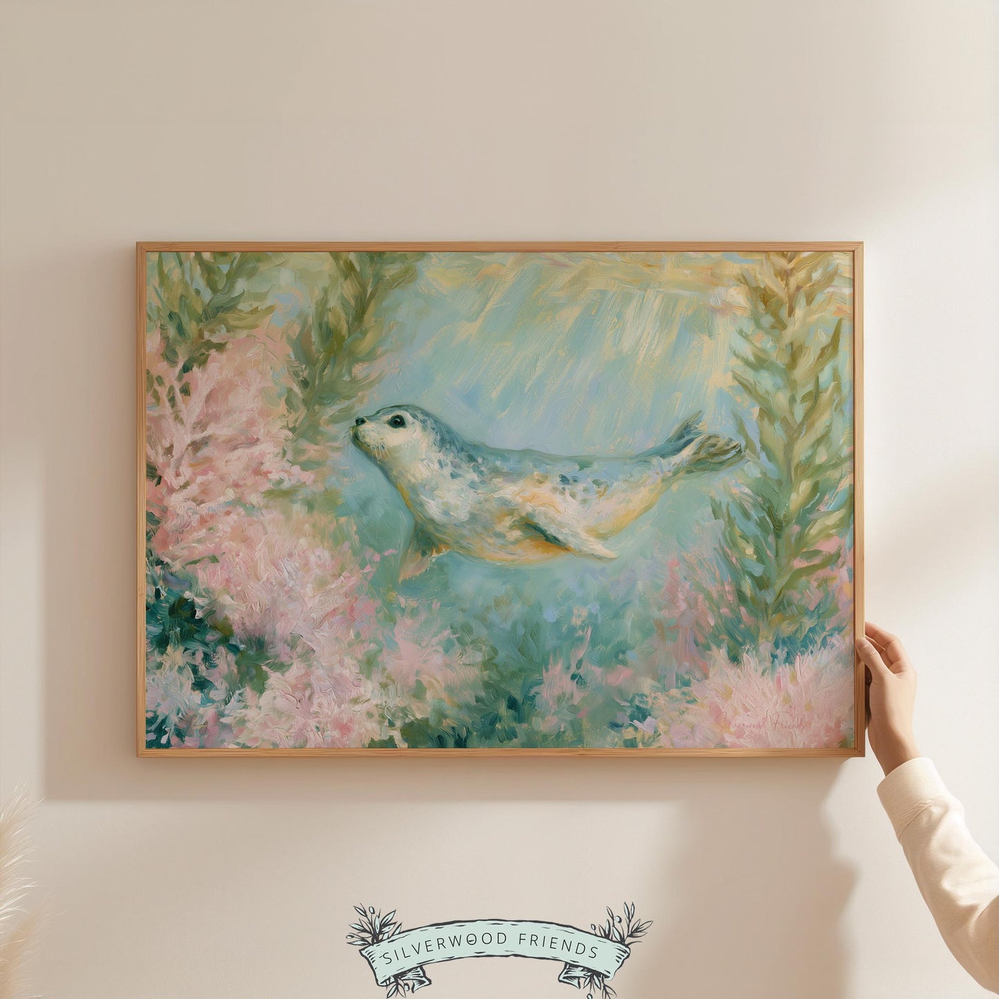 Soft seal pup poster for beach house — soothing wall art showcasing a gentle seal swimming, perfect for a nursery or children's room.