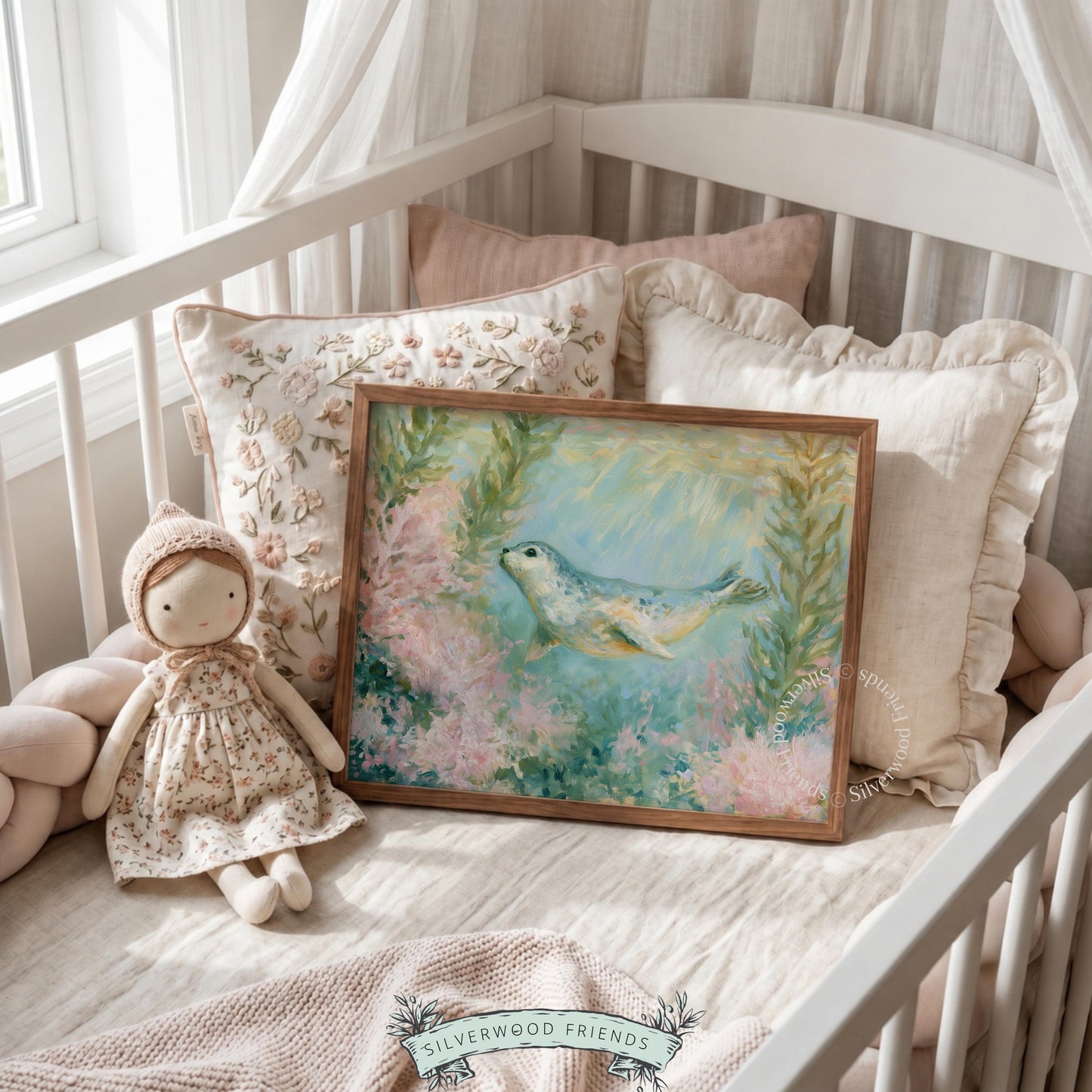 Seal pup swimming digital print for nursery — serene watercolor artwork with soft pastels and gentle underwater scene.