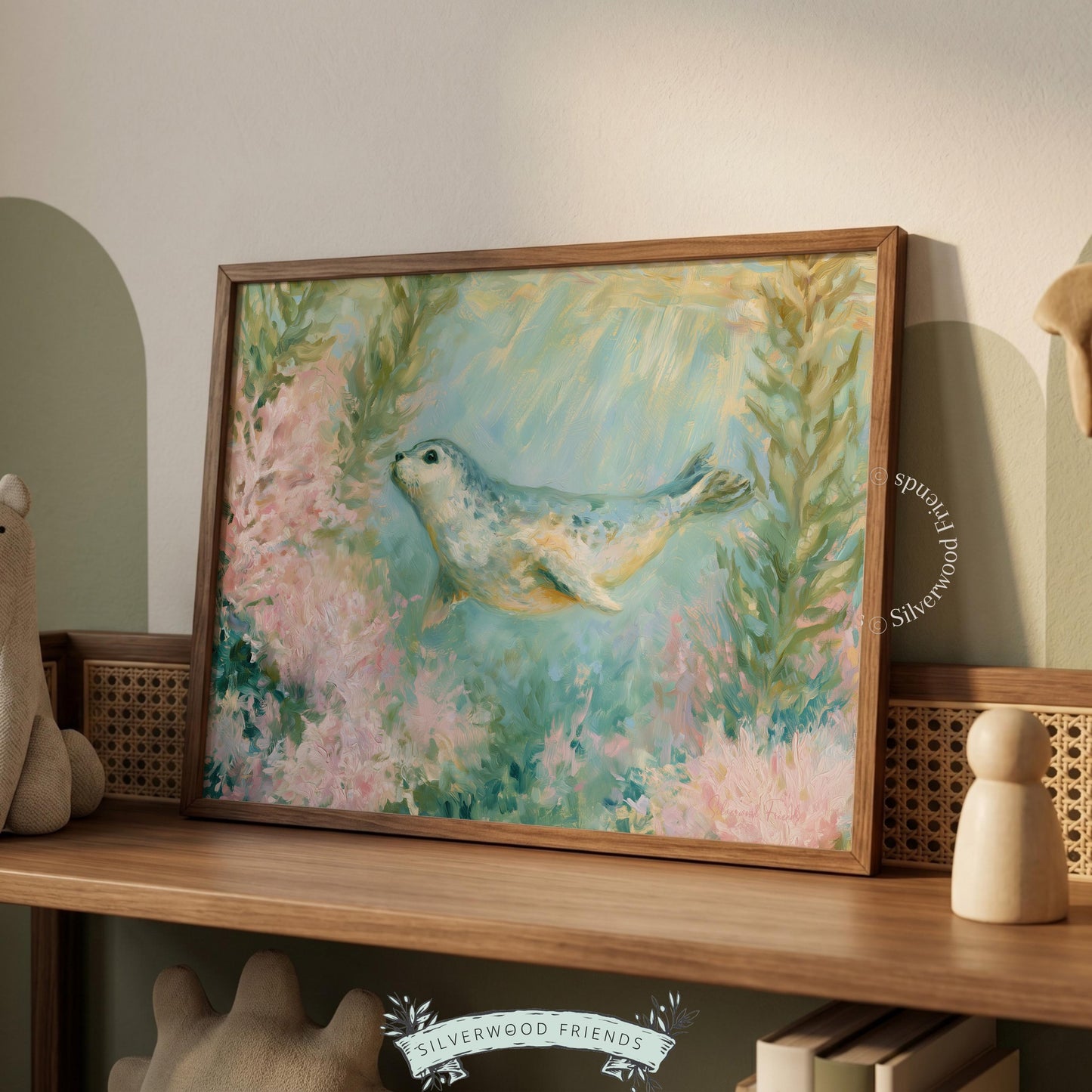 Adorable seal pup wall art for playroom — enchanting watercolor design with pastel hues and light filtering through the ocean.