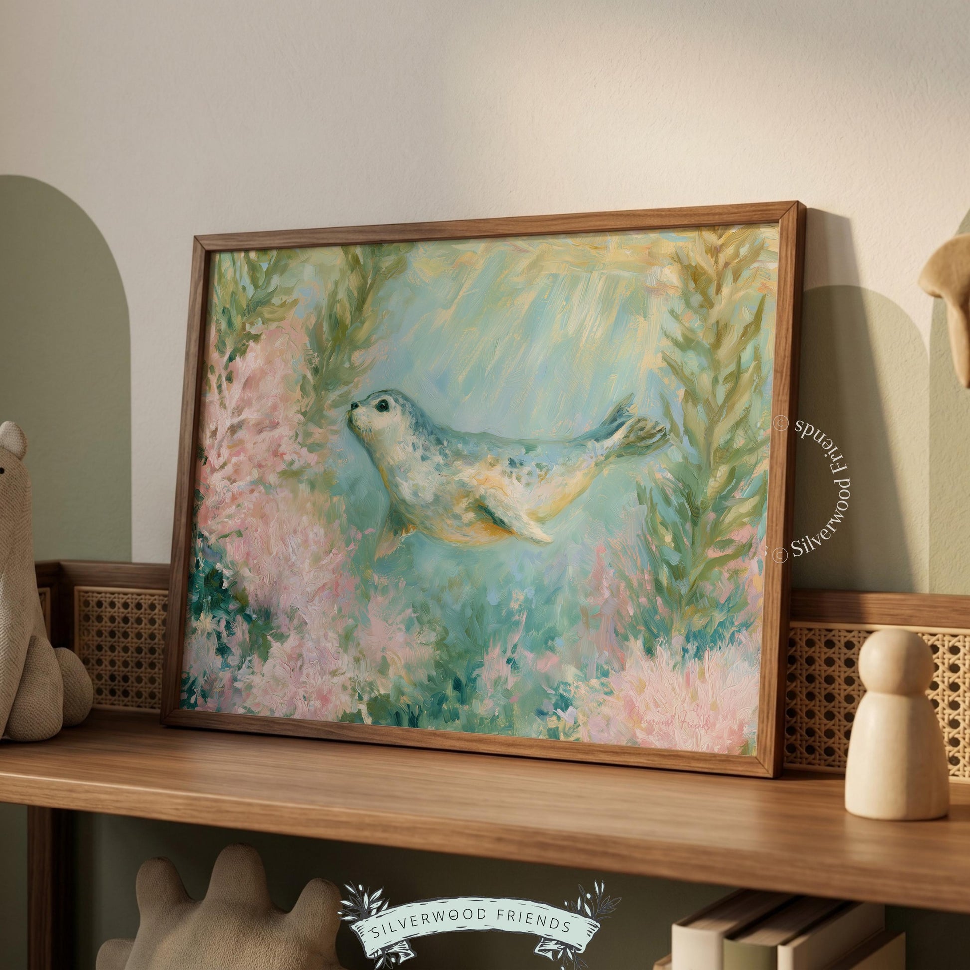 Adorable seal pup wall art for playroom — enchanting watercolor design with pastel hues and light filtering through the ocean.