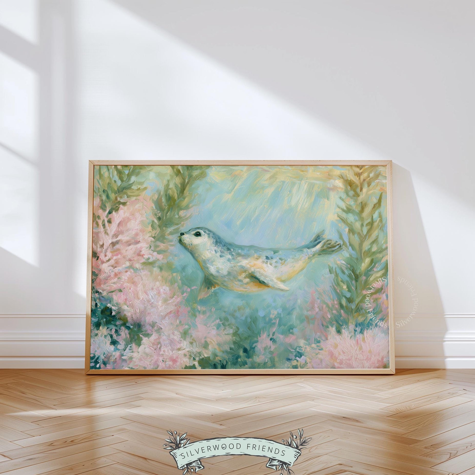 Underwater seal artwork for coastal home — calming print featuring a sweet seal pup amidst floating kelp and pastel colors.
