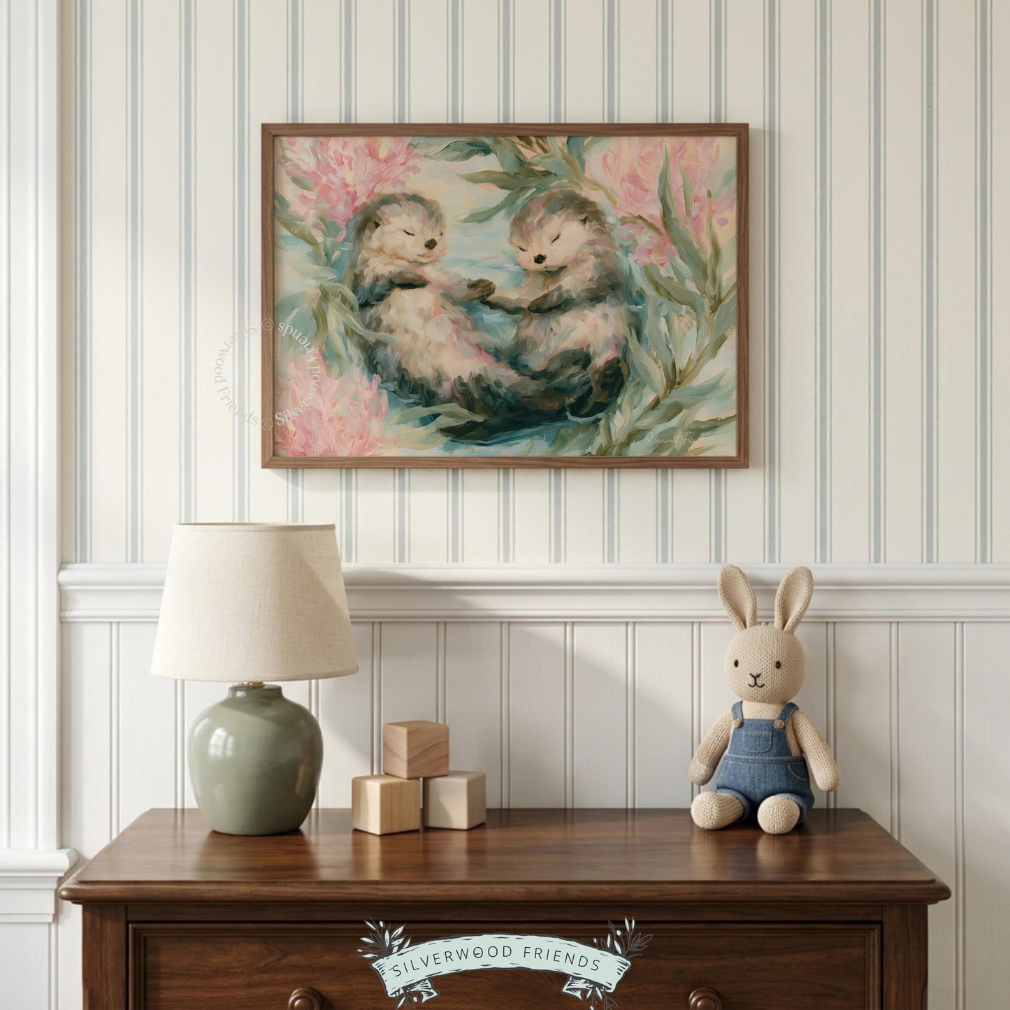Two adorable sea otters print for cozy kid's space — impressionistic design with soothing water tones creates calm.