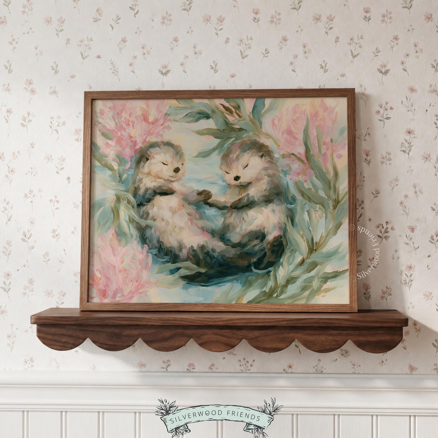 Sea otters print for elegant nursery decor — pastels and painterly style add a cozy, serene touch to any space.