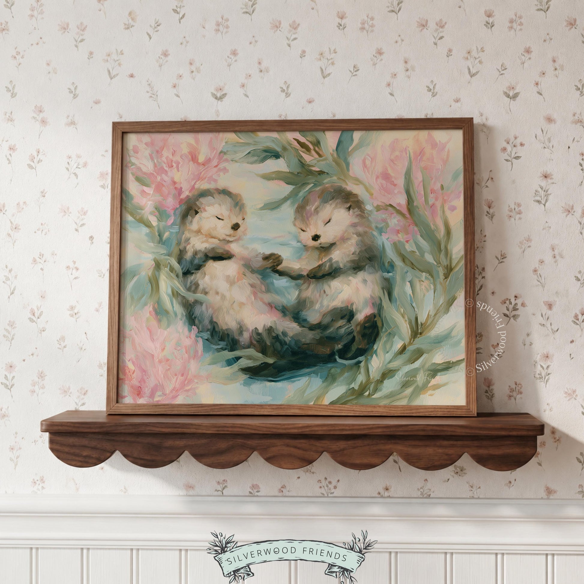 Sea otters print for elegant nursery decor — pastels and painterly style add a cozy, serene touch to any space.