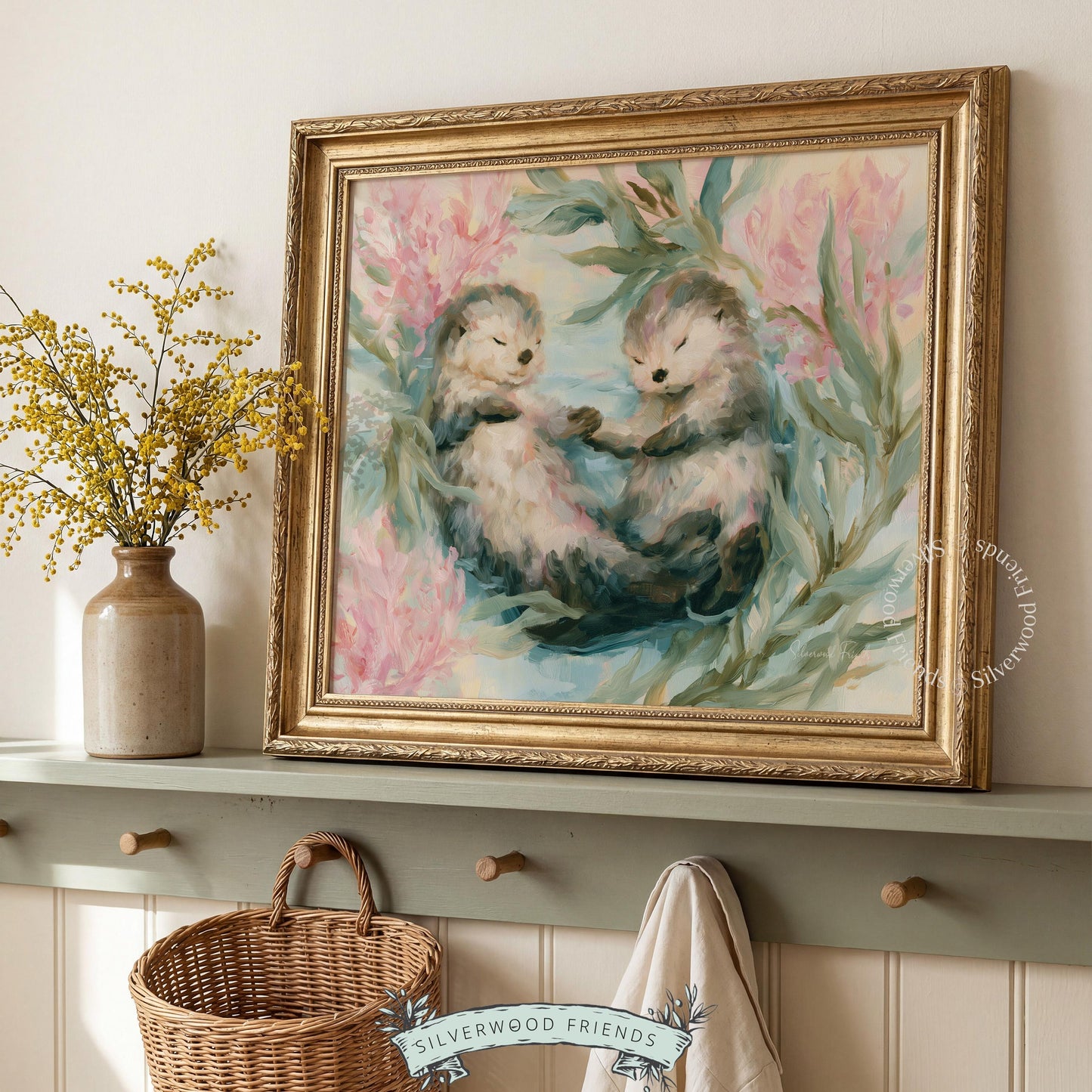 Cute otters artwork for ocean-themed nursery — gentle coastal colors and cozy feel enhance child’s room decor.