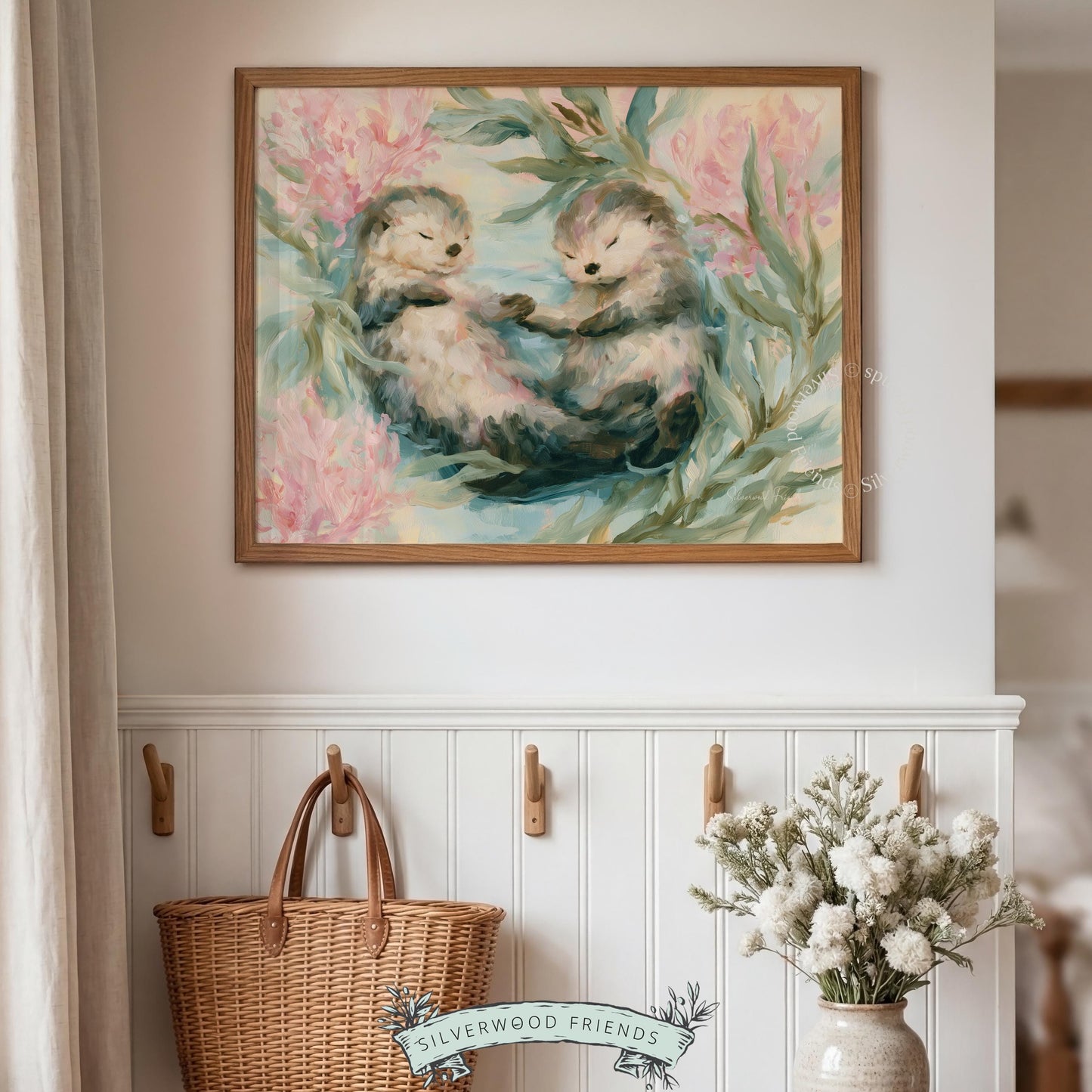 Sea otter duo poster for marine-themed room — impressionistic style and soft colors offer a calming aesthetic.