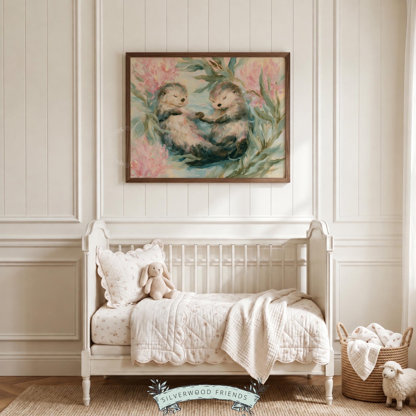 Two otters holding paws poster for children’s space — whimsical watercolor design brings a sense of calm and joy.