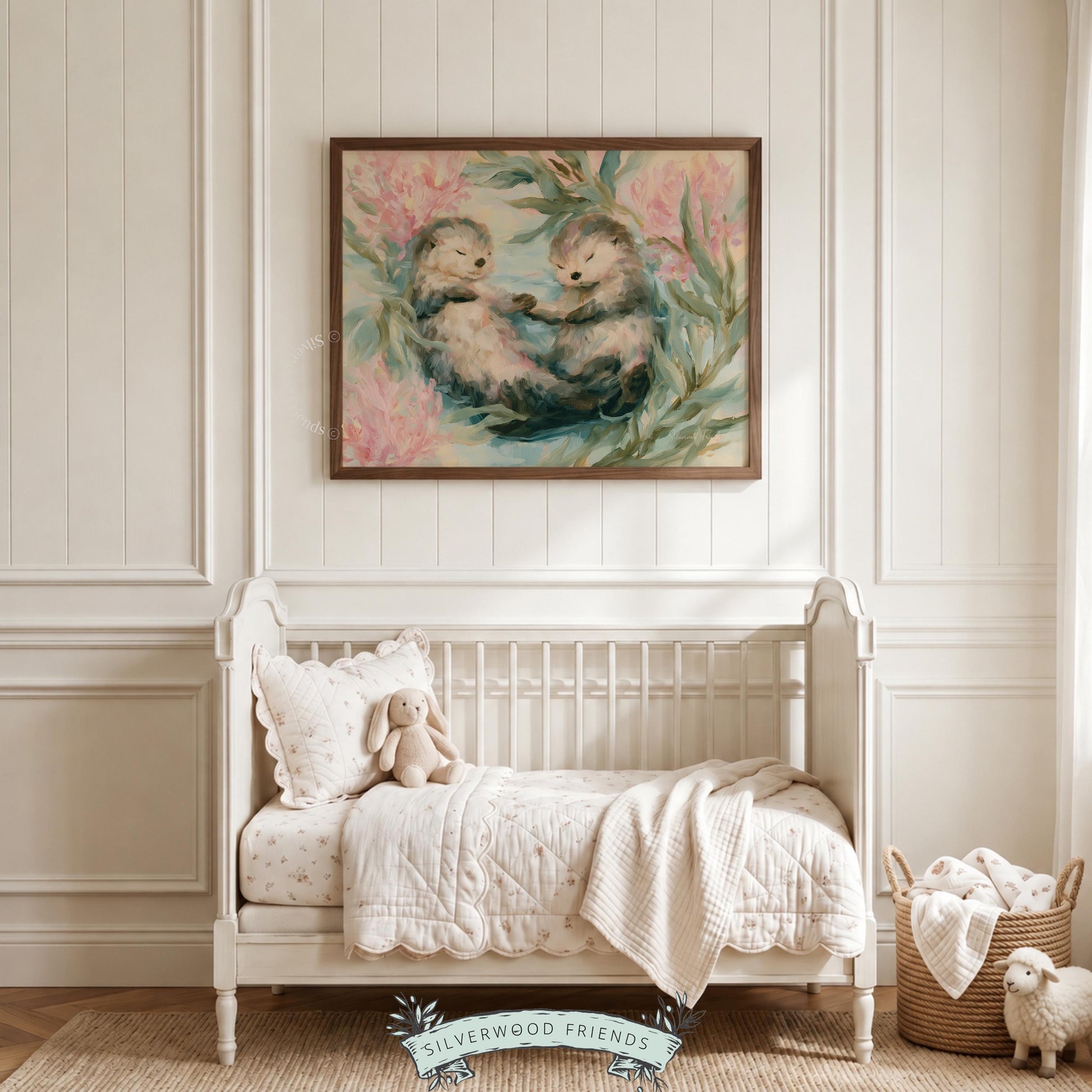 Two otters holding paws poster for children’s space — whimsical watercolor design brings a sense of calm and joy.