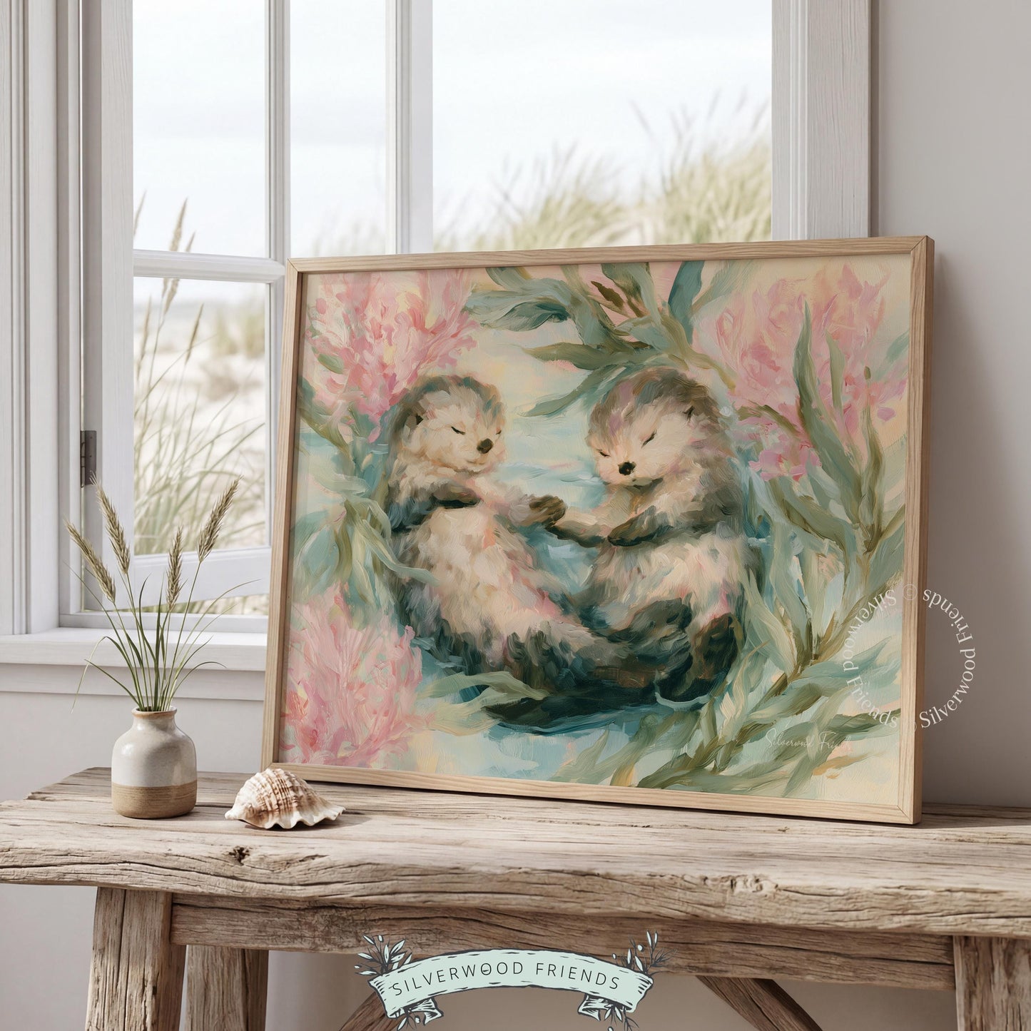 Adorable otters holding paws digital print for child's room — gentle watercolor style enhances a cozy, coastal feel.