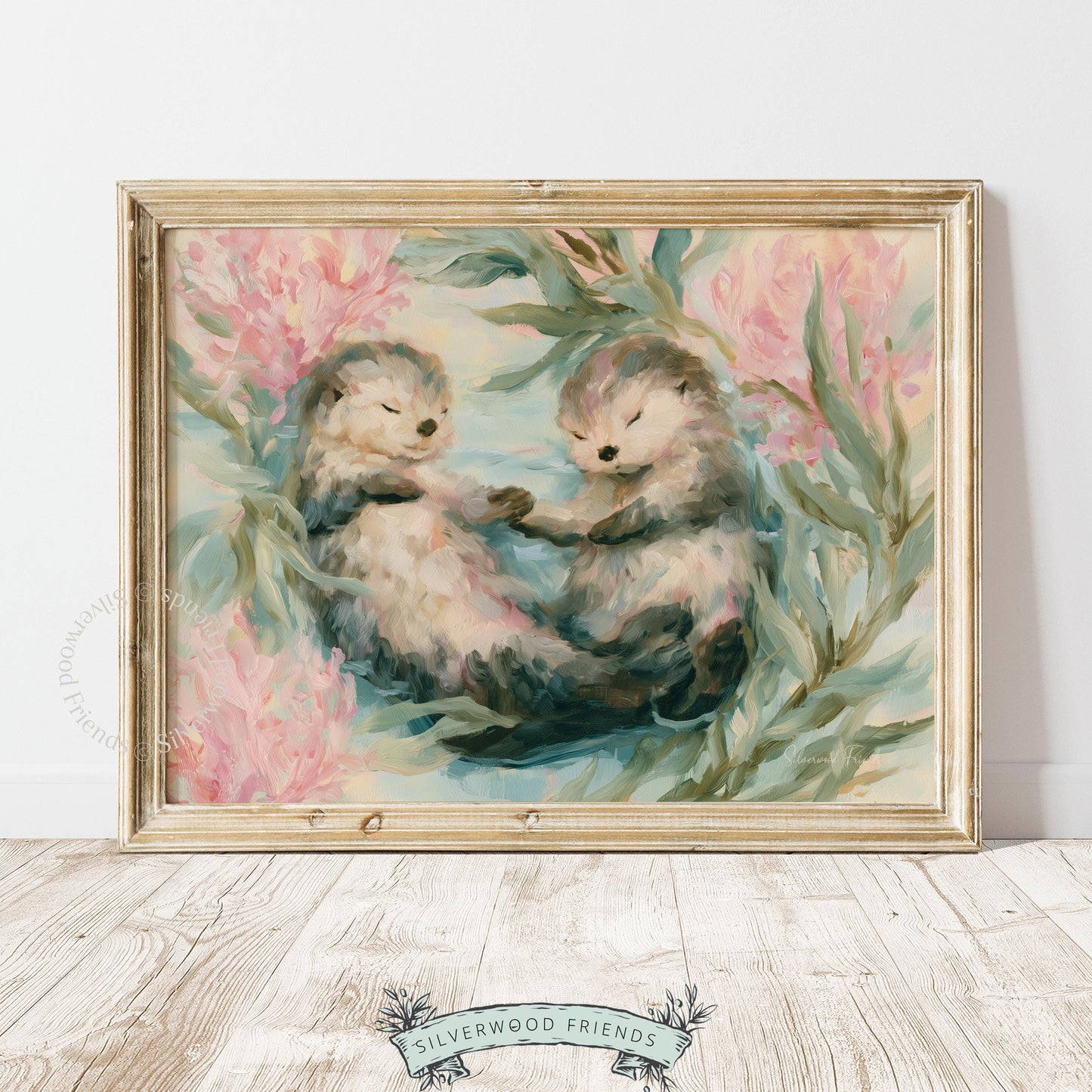 Otters floating in a peaceful sea artwork for nursery — lovely pastel tones create a charming oceanic feel.