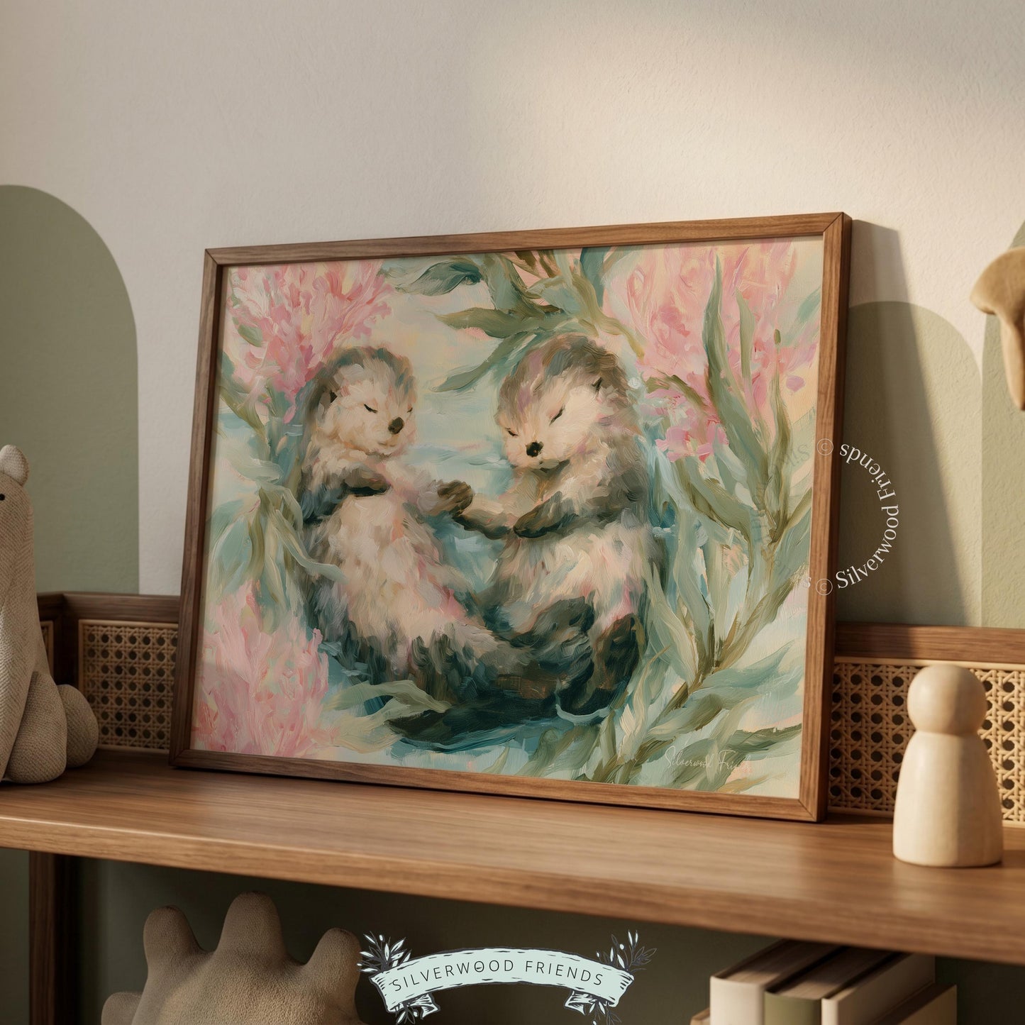 Two sea otters wall art for playful children's room — gentle coastal palette and whimsical design create warmth.