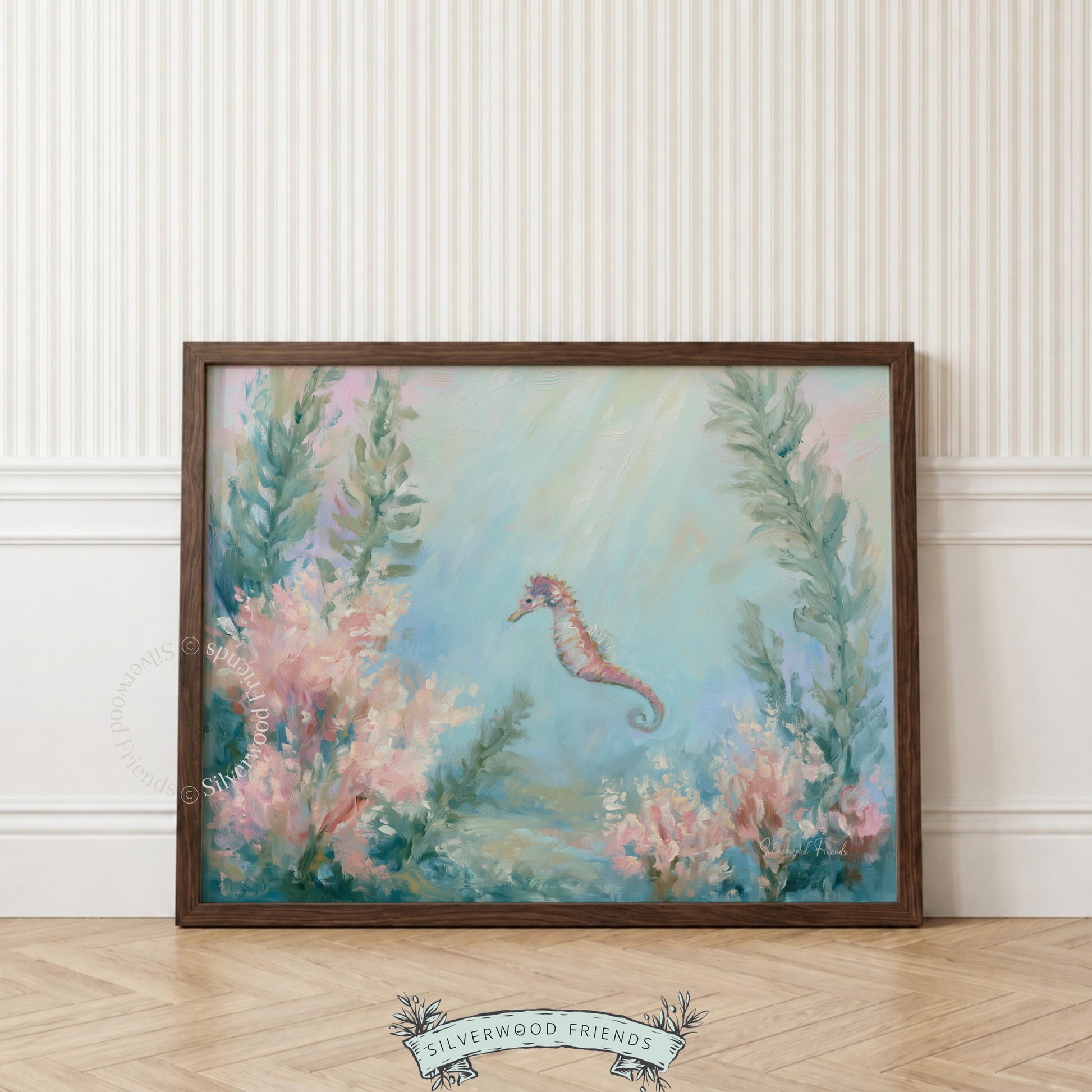 Seahorse artwork poster for children's playroom — delicate sea flora framing a peaceful underwater scene in pastel shades.