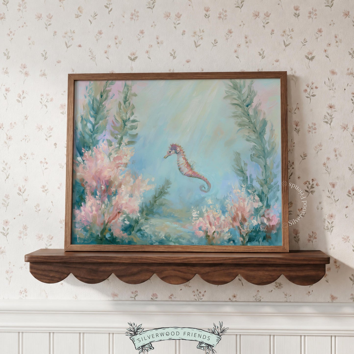 Coastal seahorse artwork for playroom — whimsical sea creature in soft greens and pinks perfect for creating a cheerful environment.
